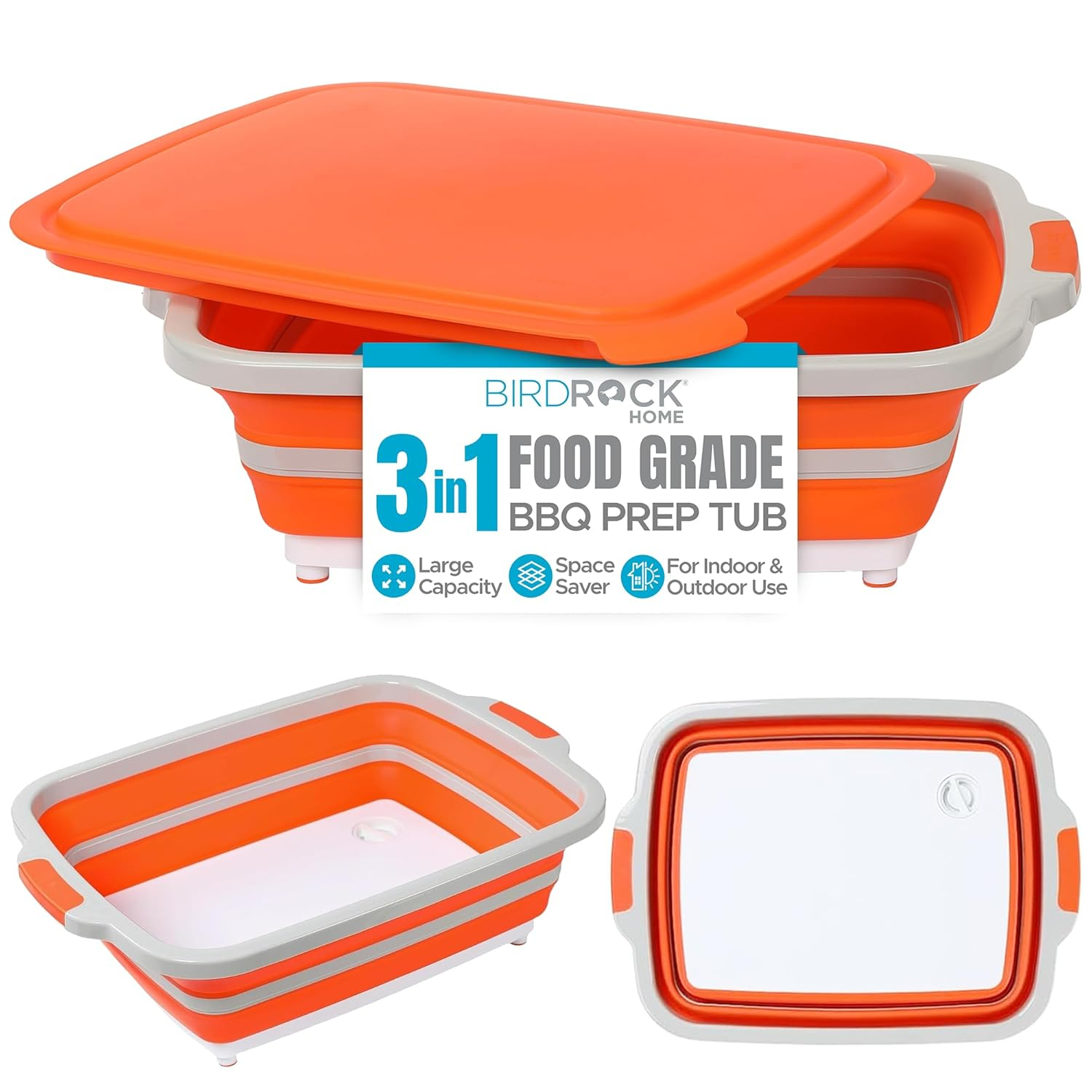 Large BBQ prep tub, Collapsible Cutting Board, food prep and Grill Caddy Tub with Colander & Lid, Silicone Dish Bowl for Backyard, Lawn, Picnic, Camping