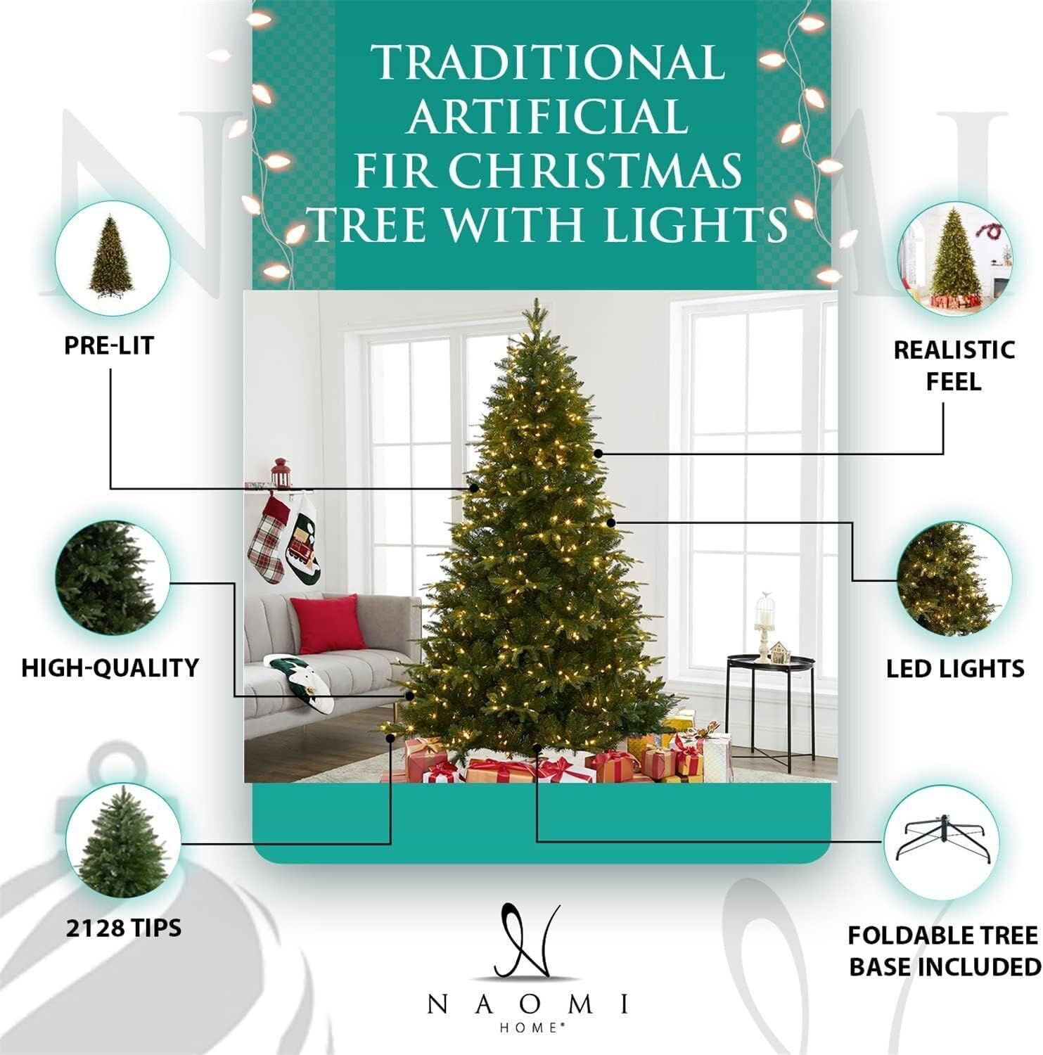 Naomi Home Traditional Artificial Pine Fir Christmas Tree with Lights-Base:Included,Color:Green,Size:6.5 ft