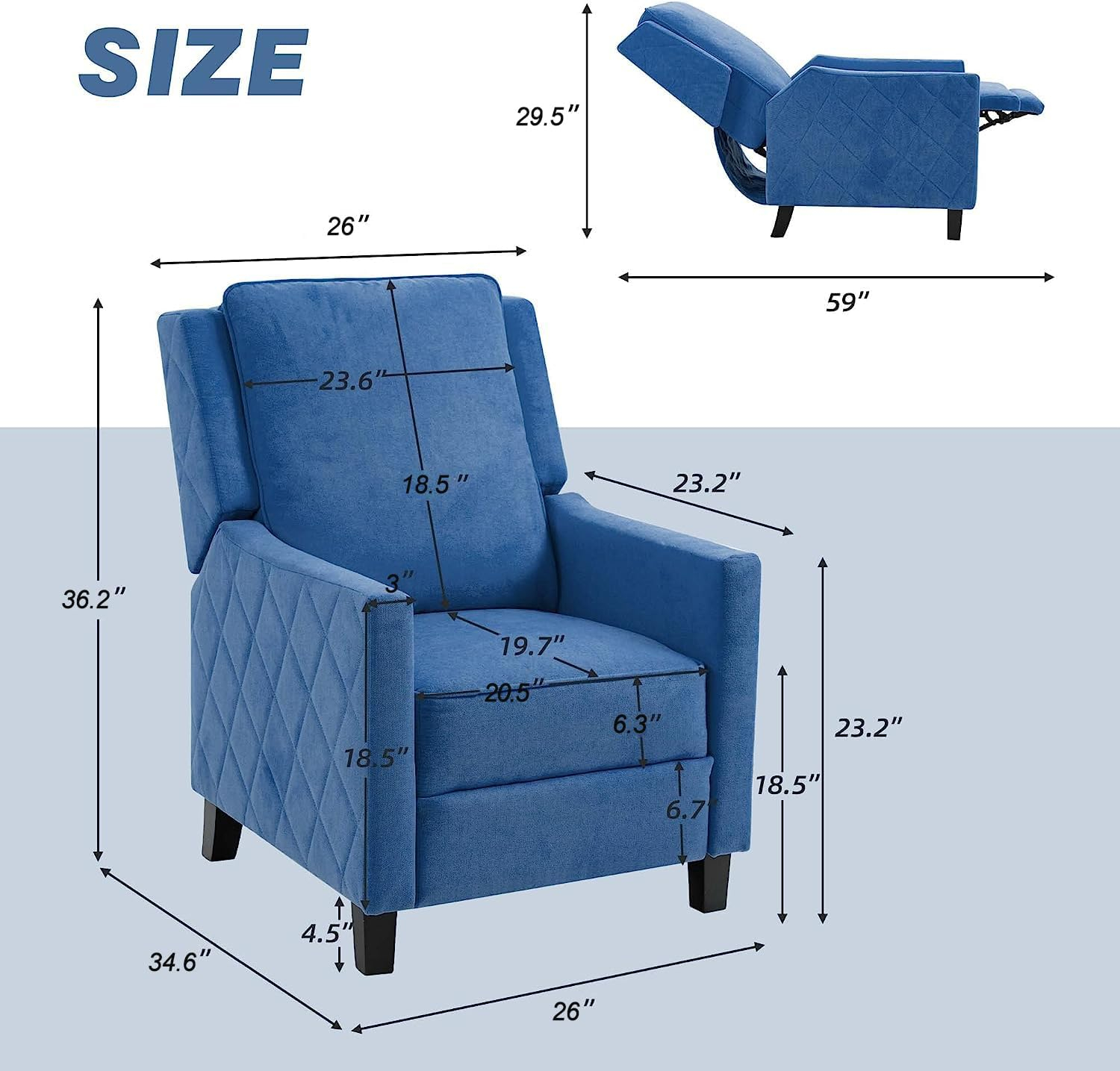 AVAWING Push Back Recliner Chair, Wing Back Chairs with Arms, Mid-Century Vintage Accent Chair for Living Room, Polyester, Blue