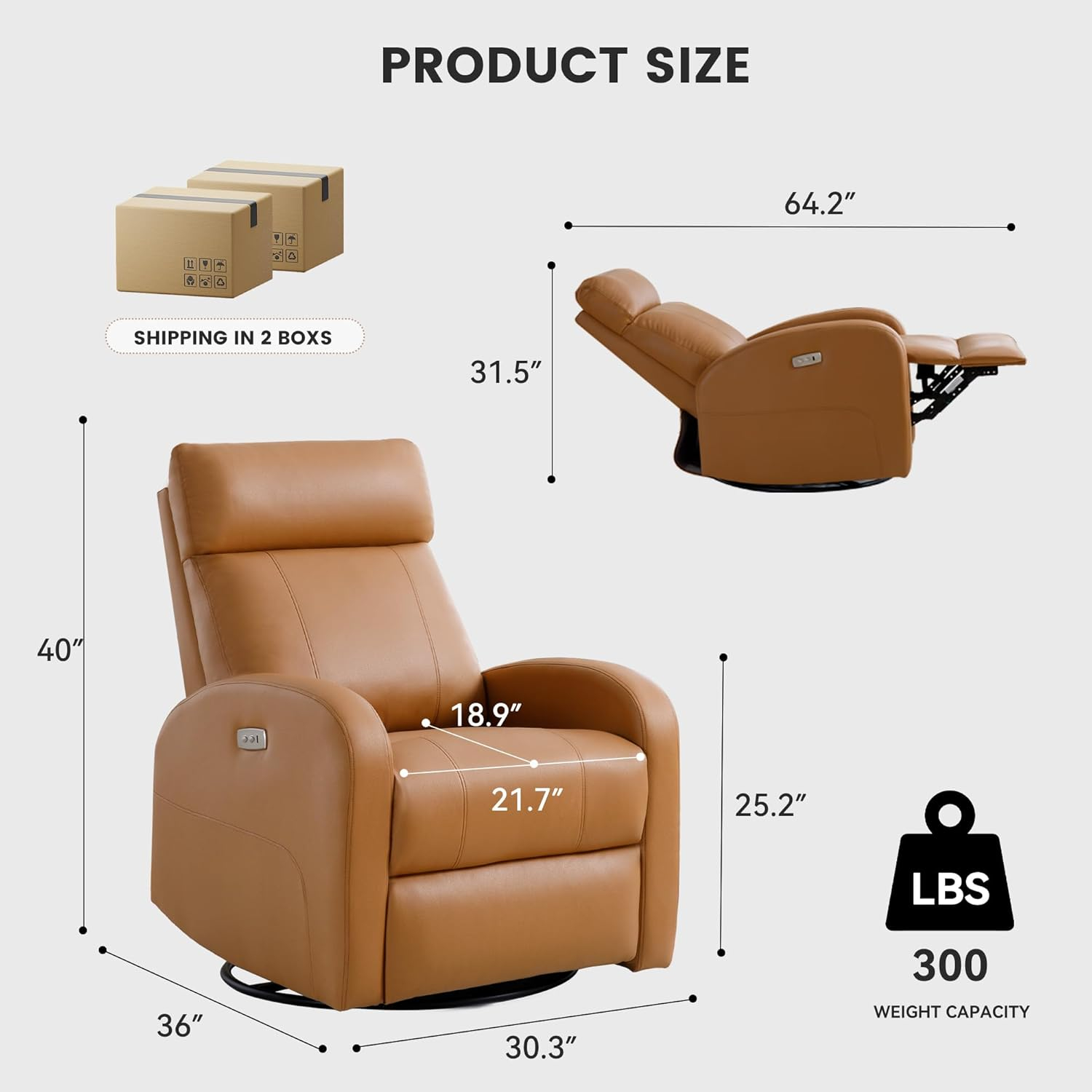 Swivel Rocker Recliner Chair, Manual Leather Recliner, Glider Rocking Recliner Chair 360°Swivel Nursery Reclining Chair with Adjustable Headrest/Highback for Living Room, Brown
