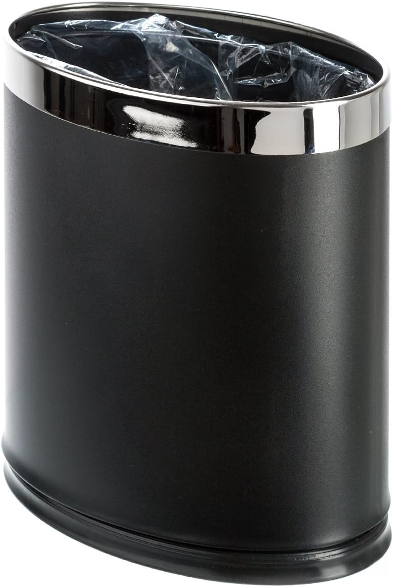 'Invisi-Overlap' Metal Trash Can, Open Top Small Office Wastebasket, Oval Shape (Black)