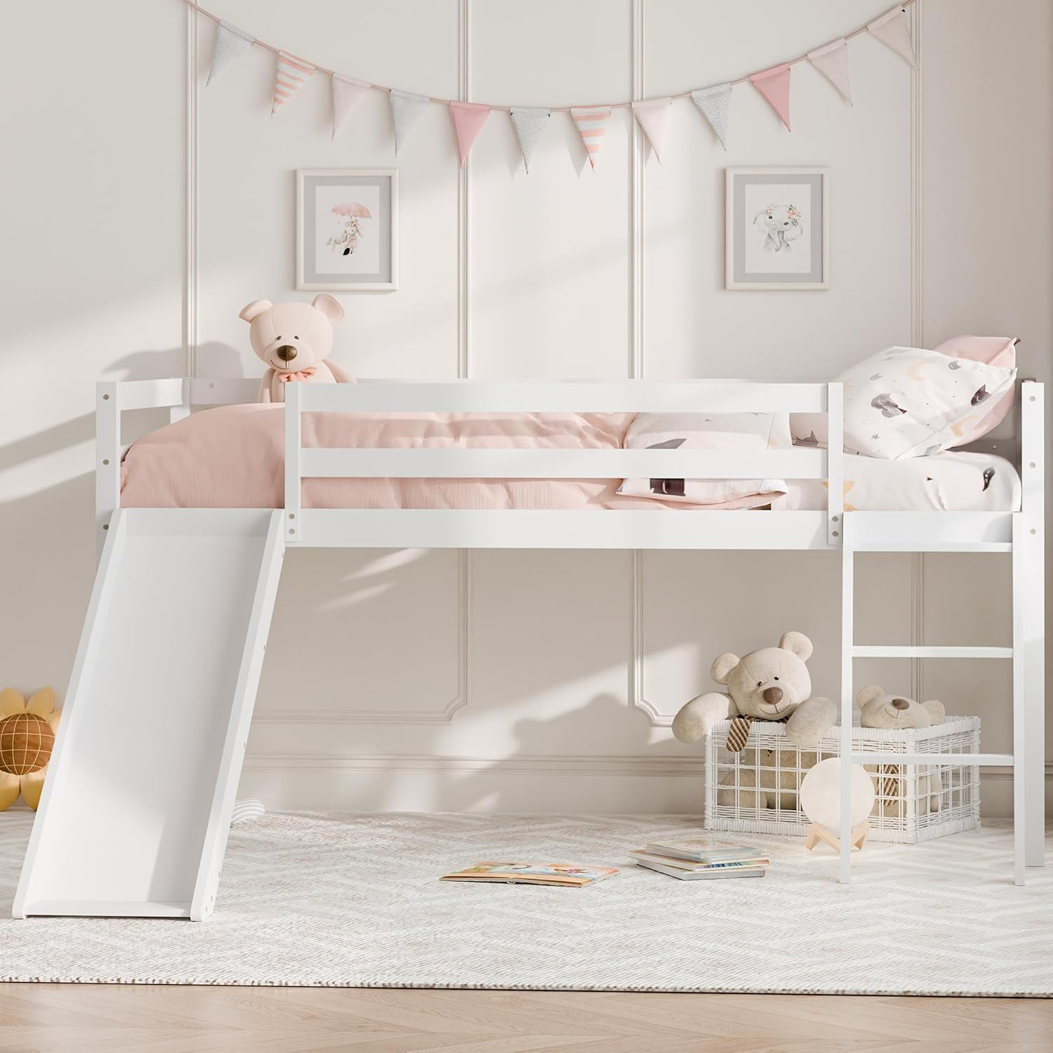 Harper & Bright Designs Kids Loft Bed with Slide,Twin Size Low Loft Beds for Girls Boys Solid Pine Wood Toddler Loft Bed with Ladder and Guard Rails,White