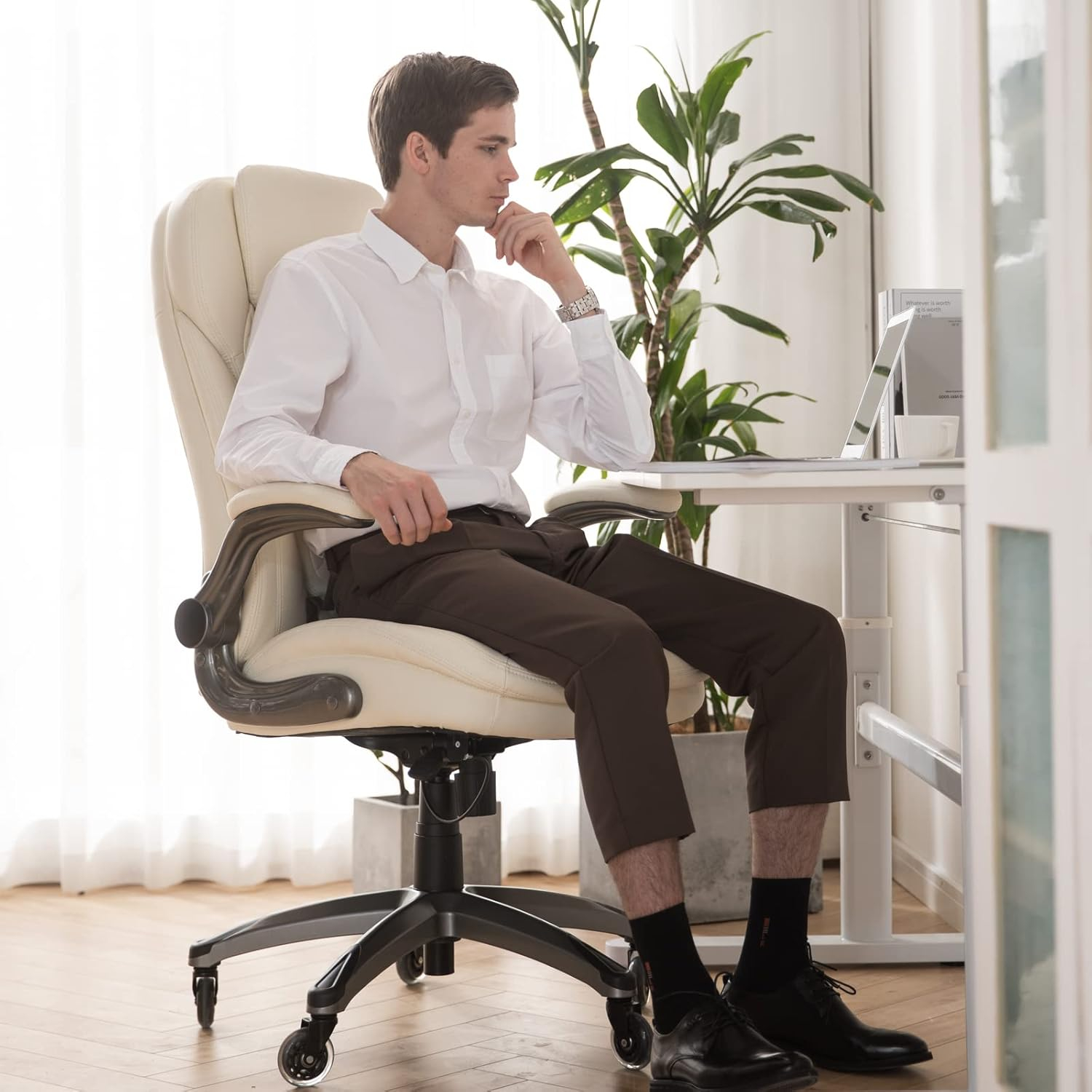 Executive Office Chair-Ergonomic Computer Desk Chair with Upgraded Caster for Swivel, High Back Office Chair with Padded Flip-up Arms, Stylish Leather Chair Thicken Seat for Comfort (Ivory, 300lbs)