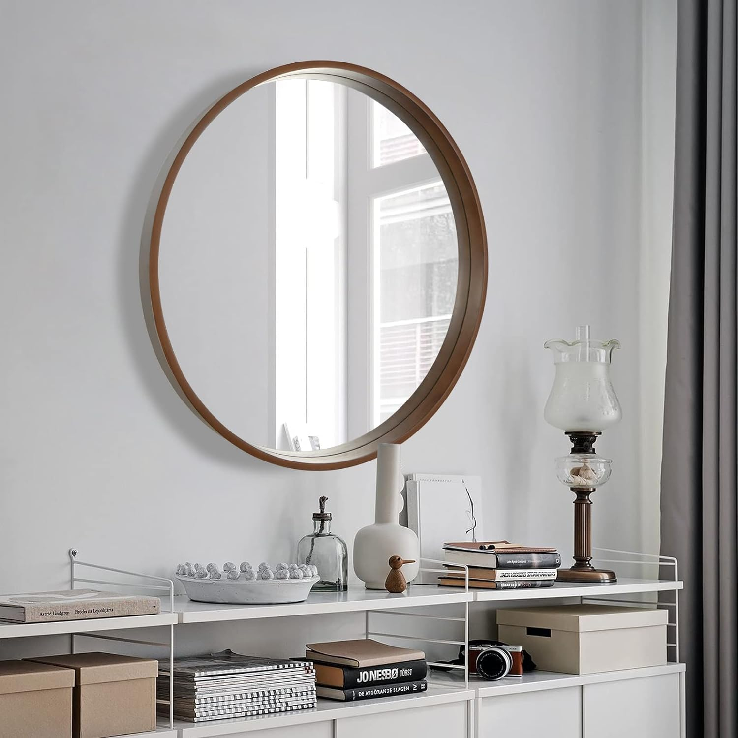 Walnut Round Pine Wood Mirror, 32" Diameter