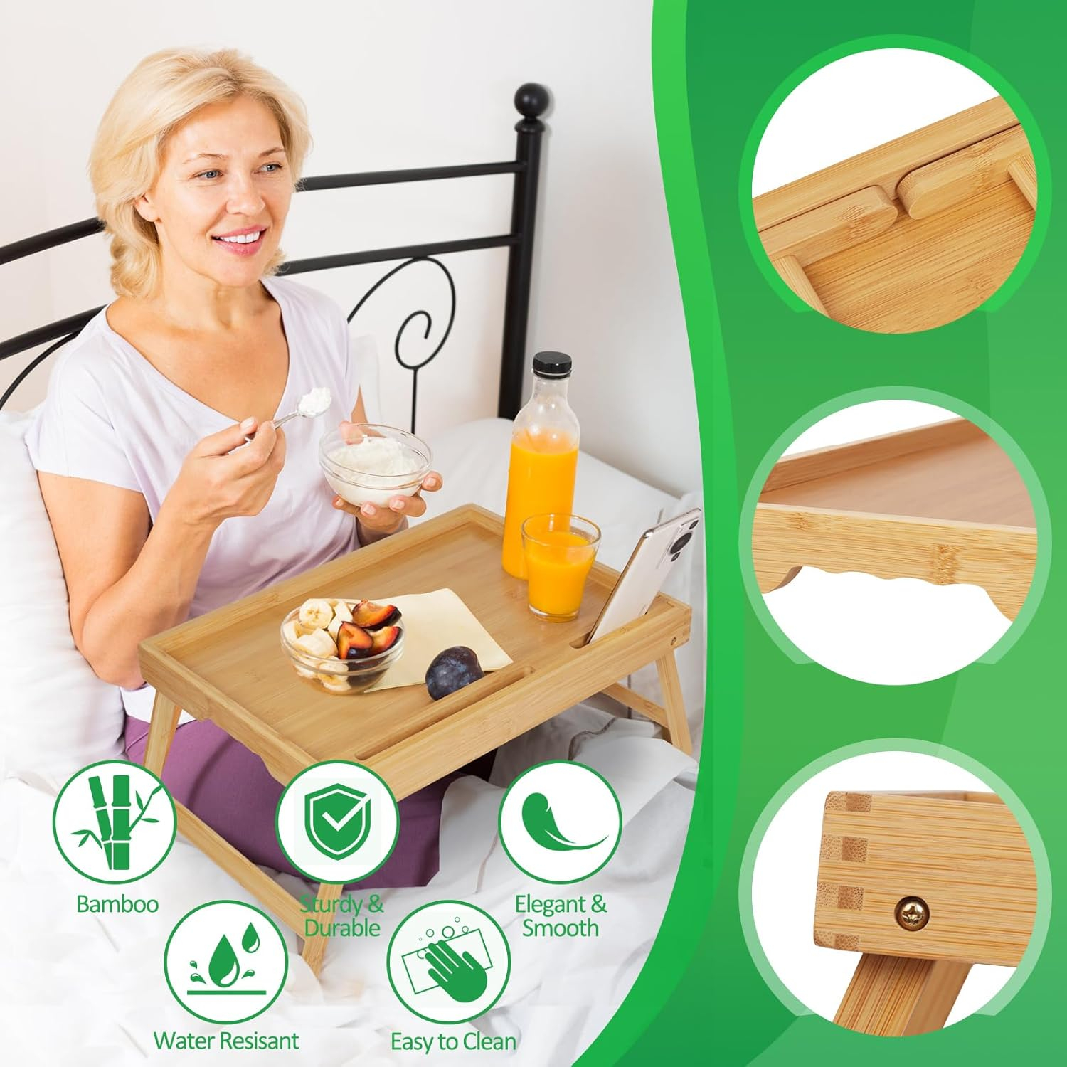 Artmeer Bed Tray Table with Folding Legs, Bamboo Breakfast Food Tray with Media Slot, Use As Platter, Laptop Desk, Snack, TV Tray Kitchen Serving Tray (Bamboo Large)