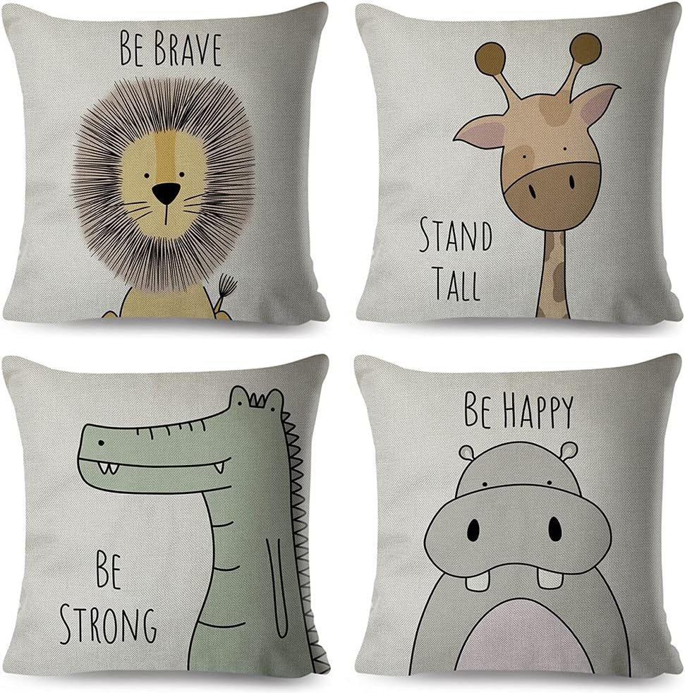 Cartoon Animal Pillow Covers Kids Pillowcase 18×18 Inch Set of 4 Throw Pillow Covers Set Cotton Throw Cushion Case for Sofa Couch Home Decor School Cushion Case(Hippo, Giraffe, Lion, Crocodile)
