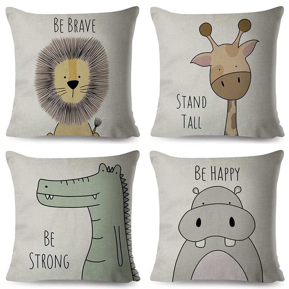Cartoon Animal Pillow Covers Kids Pillowcase 18×18 Inch Set of 4 Throw Pillow Covers Set Cotton Throw Cushion Case for Sofa Couch Home Decor School Cushion Case(Hippo, Giraffe, Lion, Crocodile)