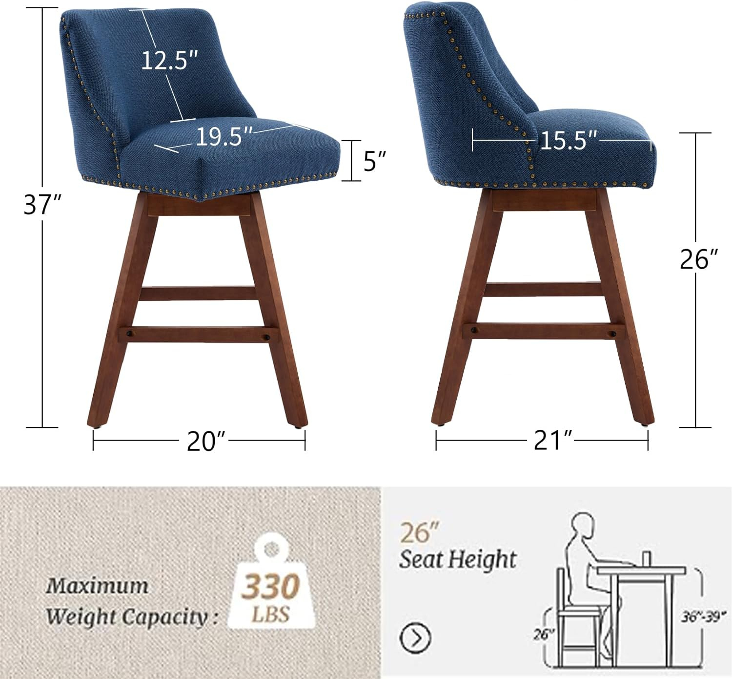 26" Swivel Bar Stools Set of 2, Modern Linen Fabric Counter Stools with Backs and Nail Head Design, Upholstered Barstools with Wood Frame for Kitchen Island, Beige