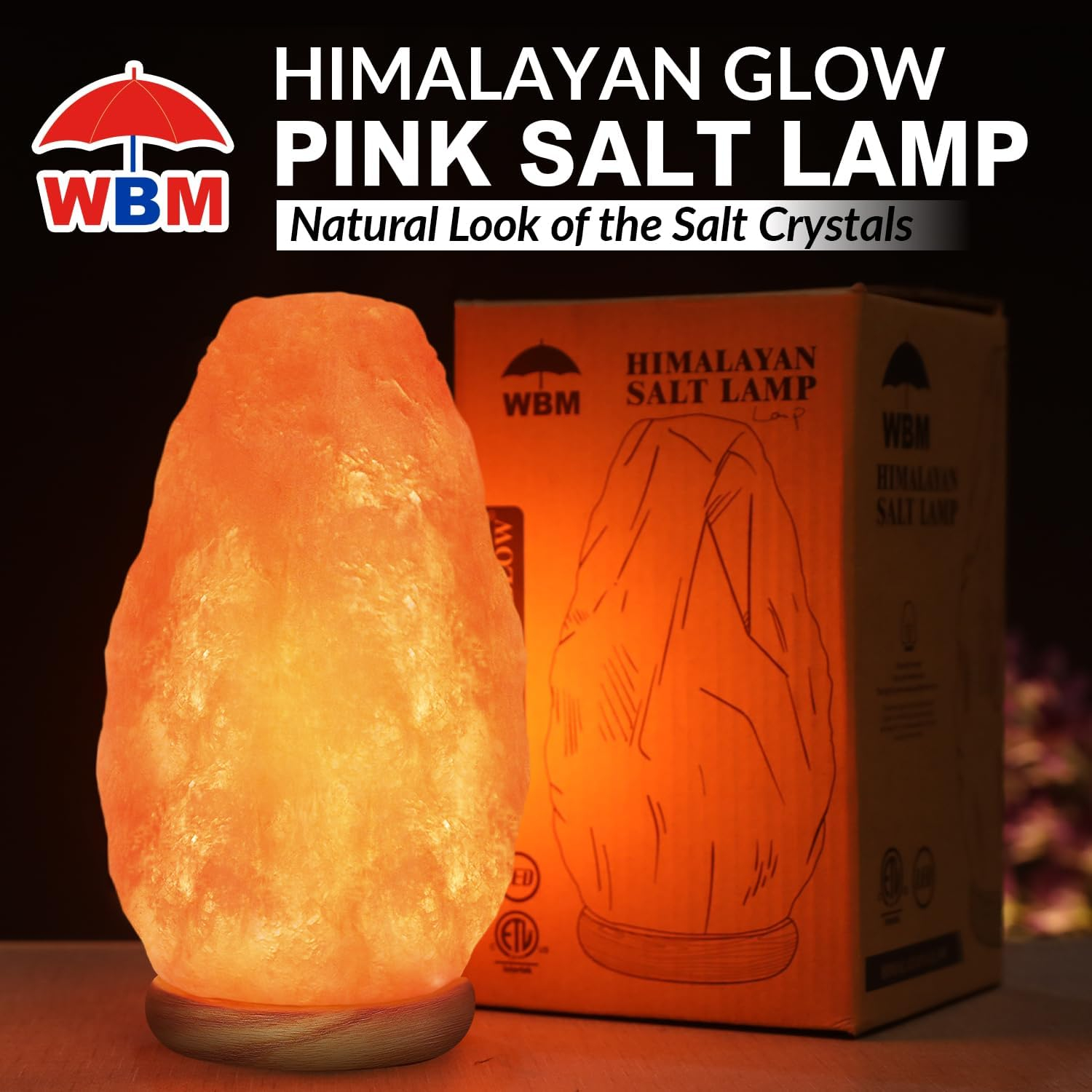WBM Salt Lamp – USB Himalayan Salt Lamp with Touch Dimmer Control | Wooden Base | LED Bulb | 5-7lbs