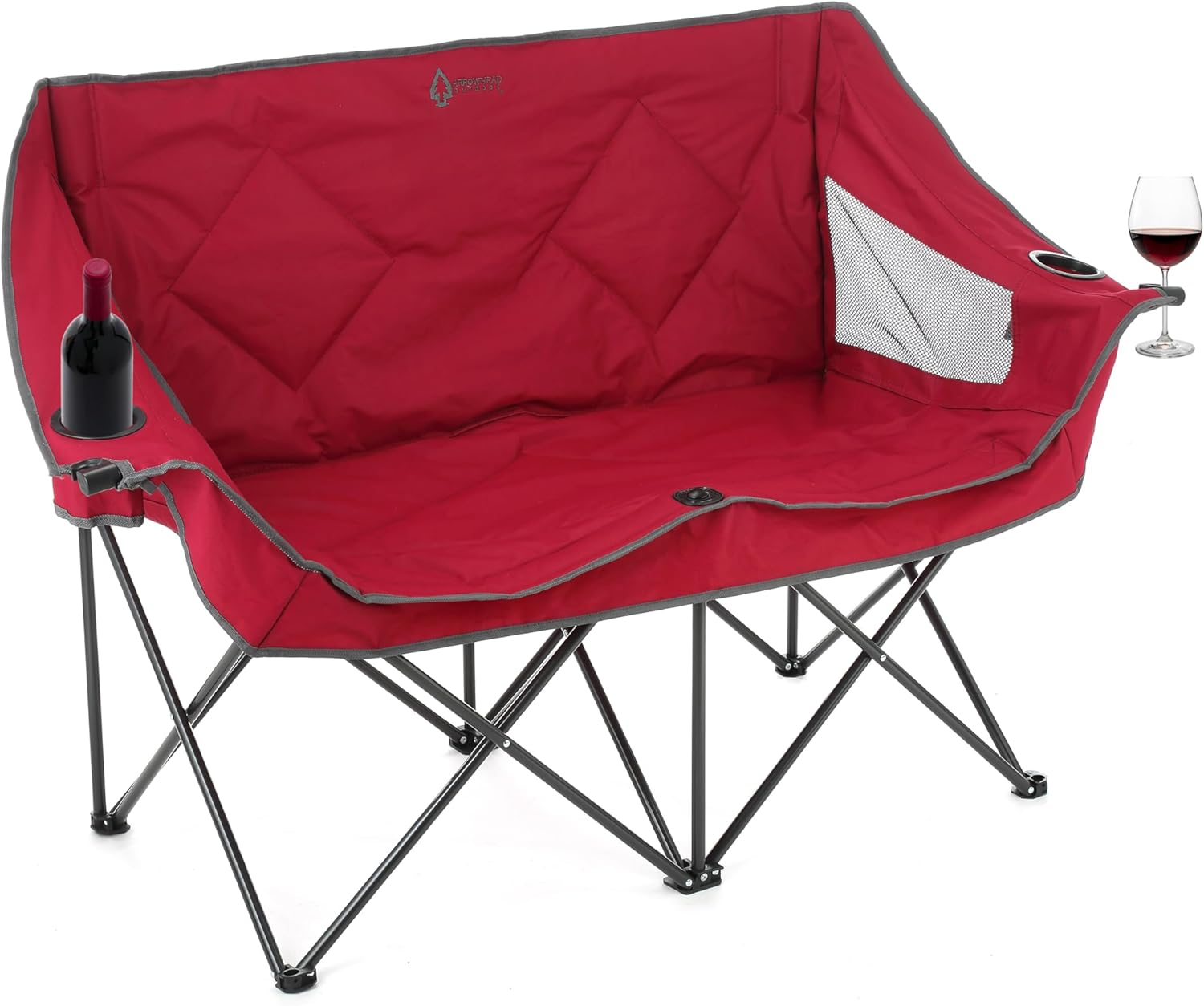 ARROWHEAD OUTDOOR Portable Folding Double Duo Camping Chair Loveseat w/ 2 Cup & Wine Glass Holder, Heavy-Duty Carrying Bag, Padded Seats & Armrests, Supports up to 500lbs, USA-Based Support (Red)