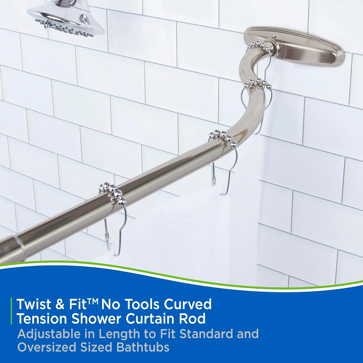 Kenney® Twist & Fit™ No Tools Curved Rust-Resistant Painted Steel Tension Shower Curtain Rod, 57-72", Brushed Nickel