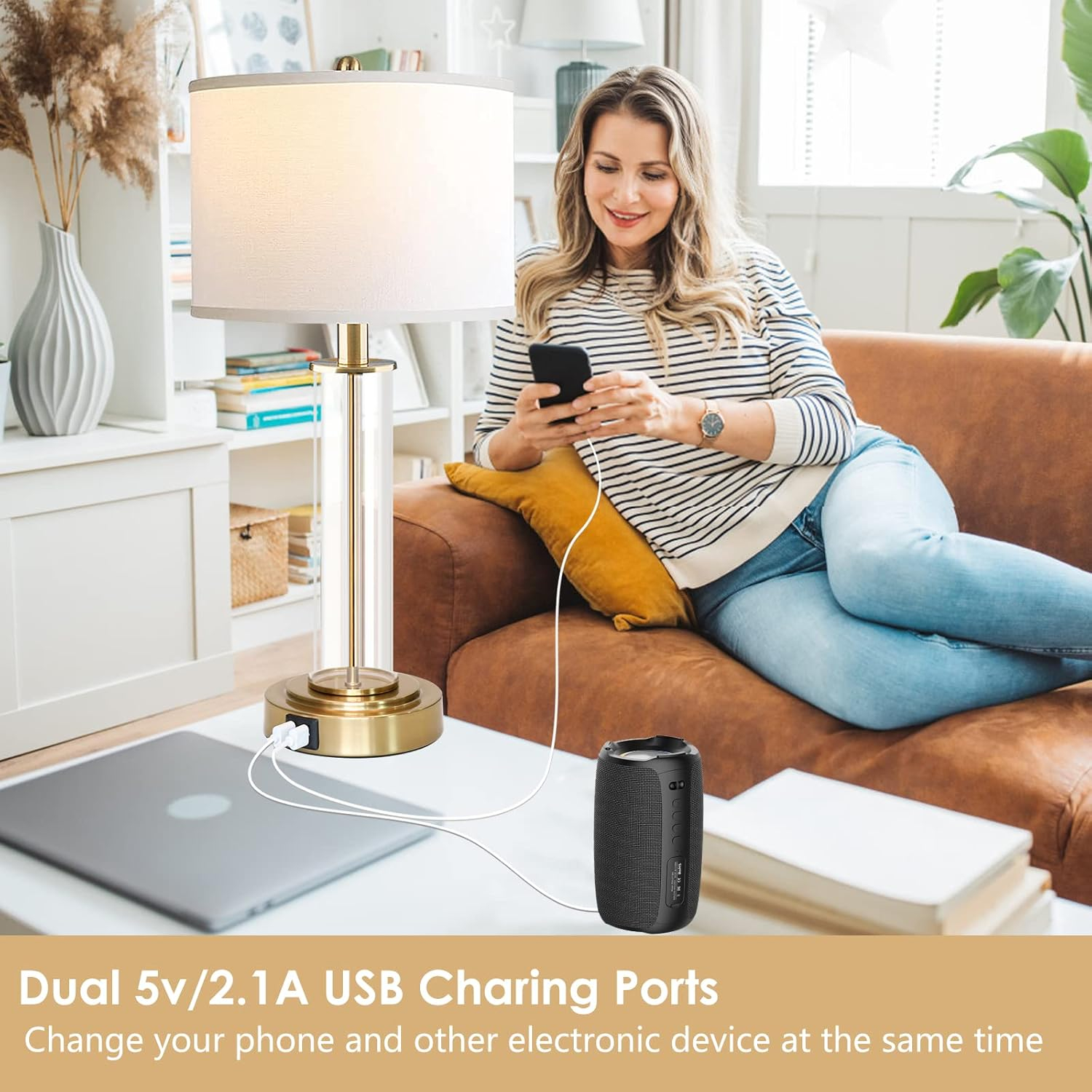 Table Lamps for Living Room,Touch Control Gold Lamps for Bedrooms Set of 2,Modern Bedside Table Lamp with Dual USB Ports,Tall Nightstand lamp with Whites Lampshades (2 Bulbs Included)