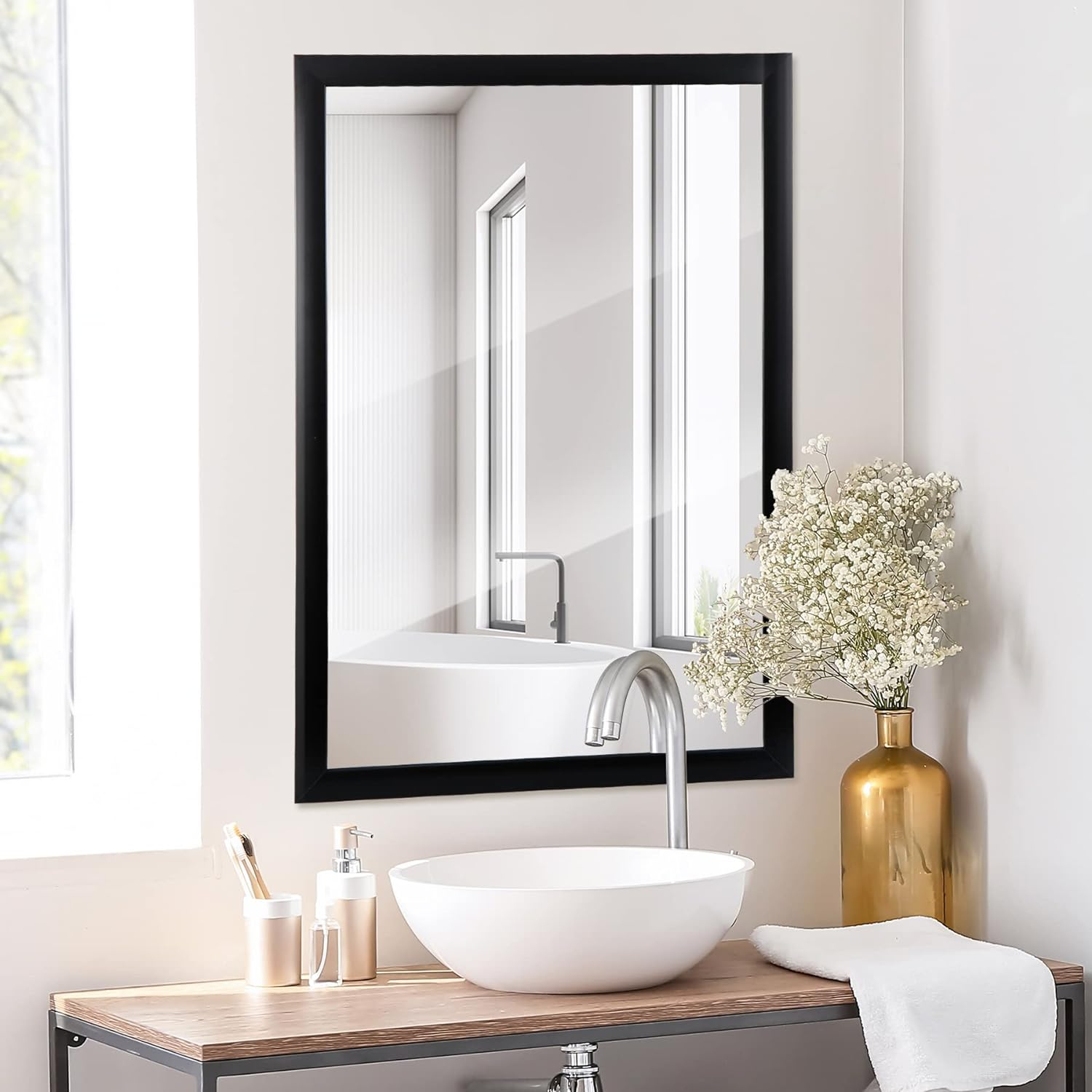 Rectangular Wall Mirror 24" x 36" Modern Decorative Bathroom Mirror for Bedroom, Entryway, Living Room, Vanity, Black