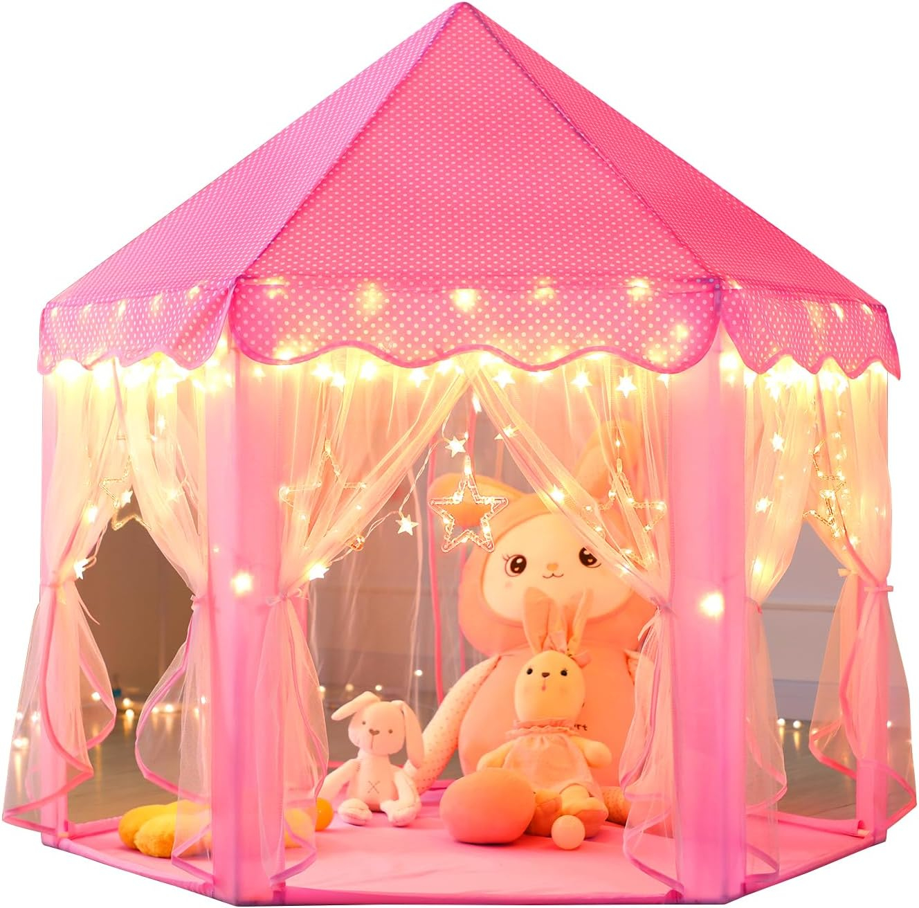 Princess Playhouse Play Tent with LED Lights, Large Collapsible Indoor / Outdoor Kids Teepee with Carrying Bag