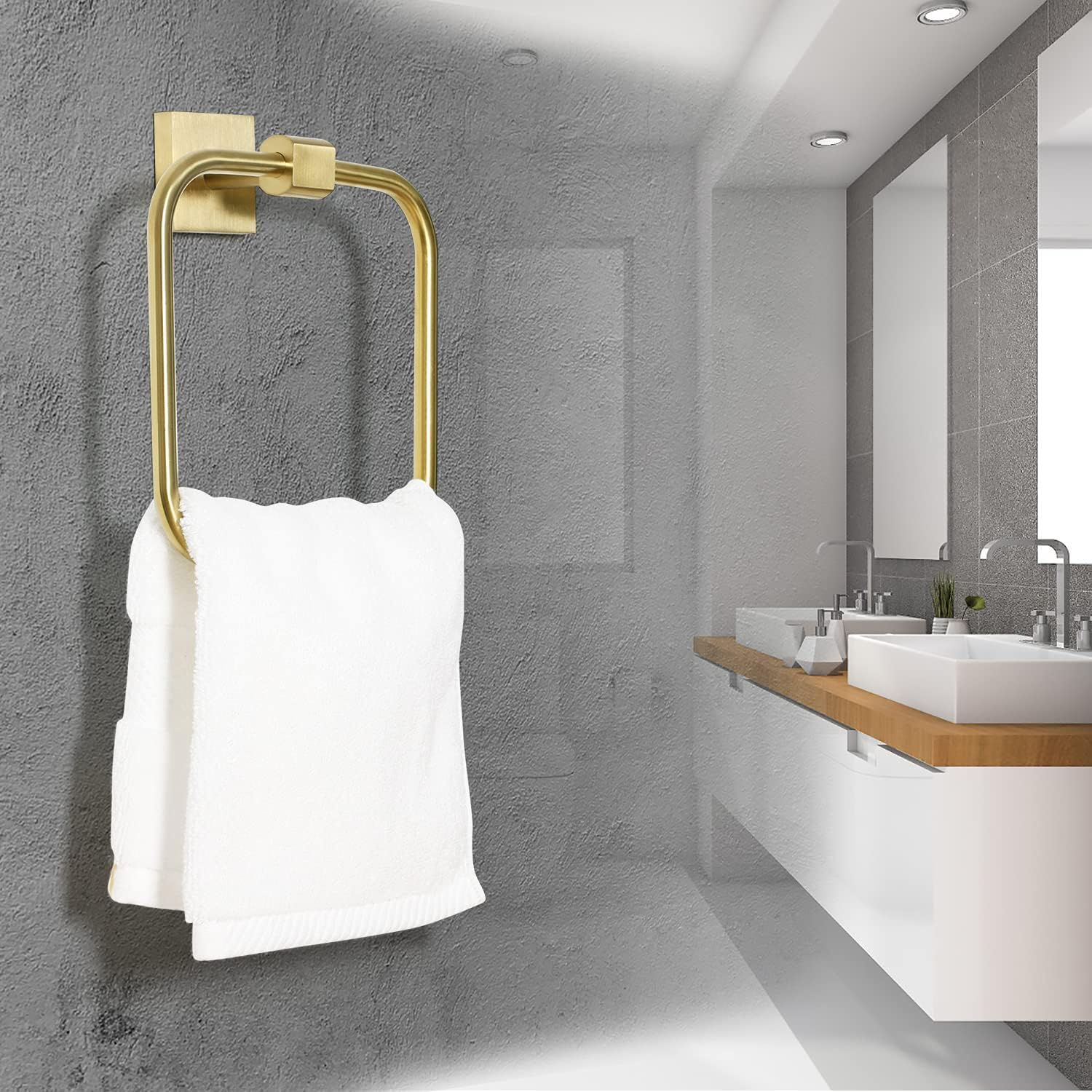 HouseAid Square Hand Towel Ring for Bathroom Stainless Steel Towel Holder Modern Hand Towel Hanger Wall Mounted Brushed Gold