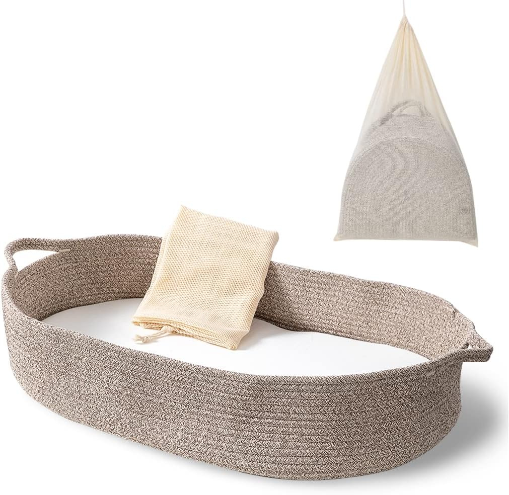 Baby Changing Basket - Moses Basket Changing Table Topper and Thick Foam Pad with Removable Cotton Mattress Cover, 100% Cotton Boho Nursery Decor in Coffee Color with Storage Bag