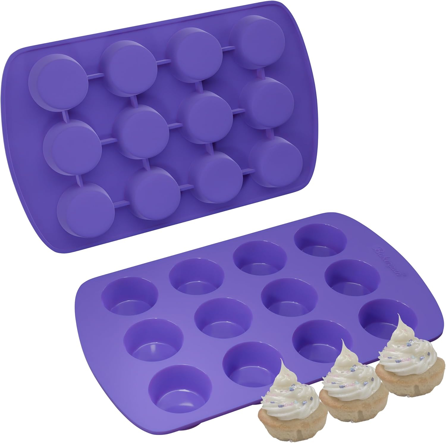 Bakerpan Silicone Mini Muffin Pan Nonstick, Mini Cupcake Pan, Mini Muffin Silicone Molds, 12 Cavities - Set of 2