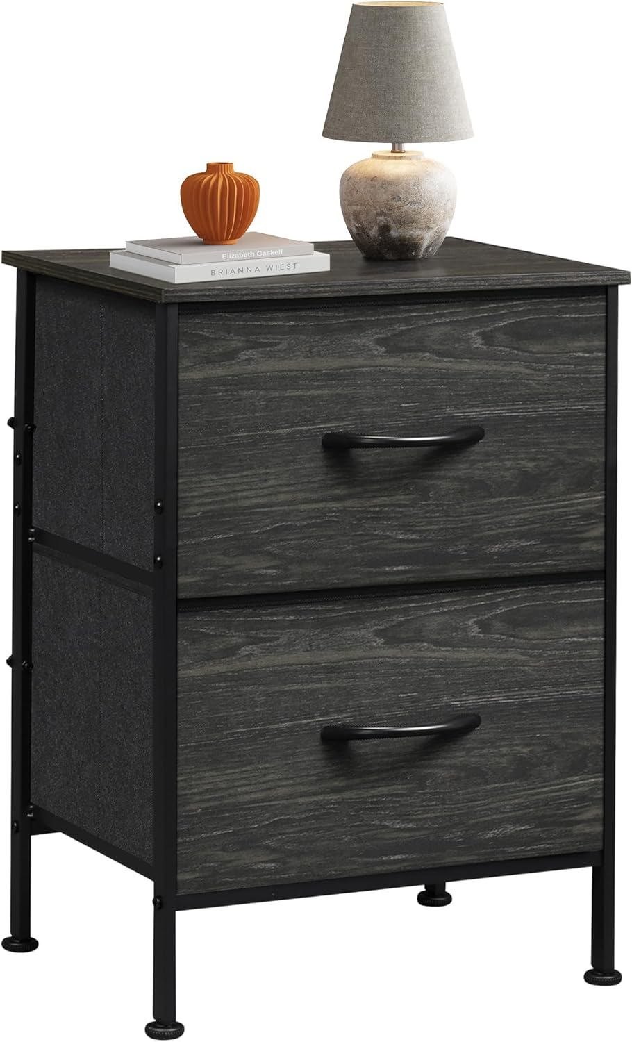 WLIVE Nightstand, Nightstand with 2 Drawers, Bedside Furniture, Night Stand, Small Dresser for Bedroom, College Dorm, End Table with Fabric Bins, Dormitory, Charcoal Black Wood Grain Print, Size L