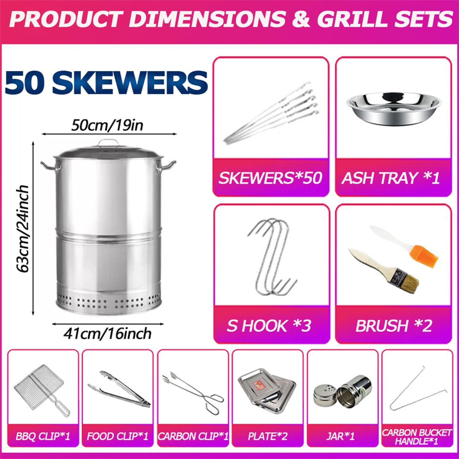 Large Portable Charcoal Grills, Stainless Charcoal BBQ Grill Barrel 360° Smokeless Outdoor Barbecue Grill for Travel, Outdoor Cooking and BBQ, Camping Grill Picnic Patio Backyard