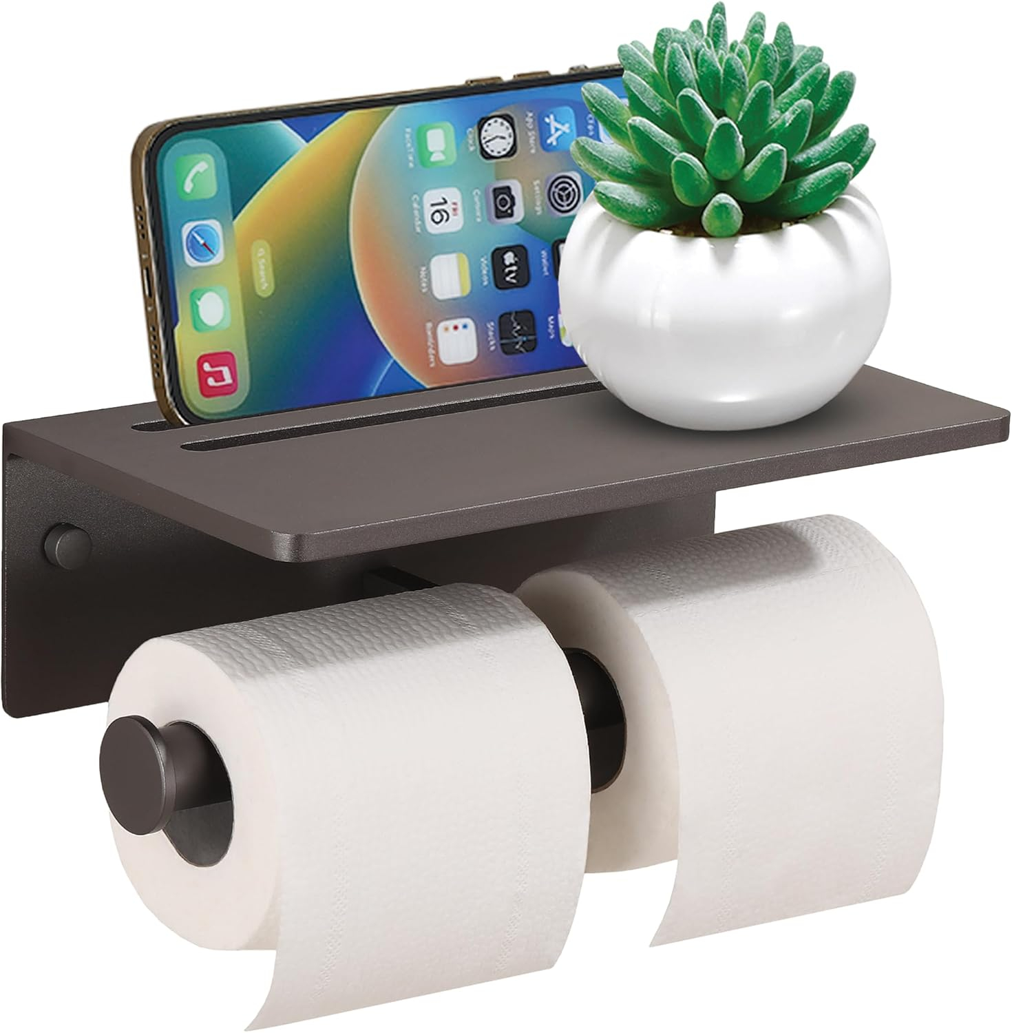 Toilet Paper Holder with Shelf, Black Anti-Rust Aluminum Tissue Roll Holder with Mobile Phone Storage Shelf for Bathroom, 3M Self Adhesive No Drilling or Wall Mounted with Screws