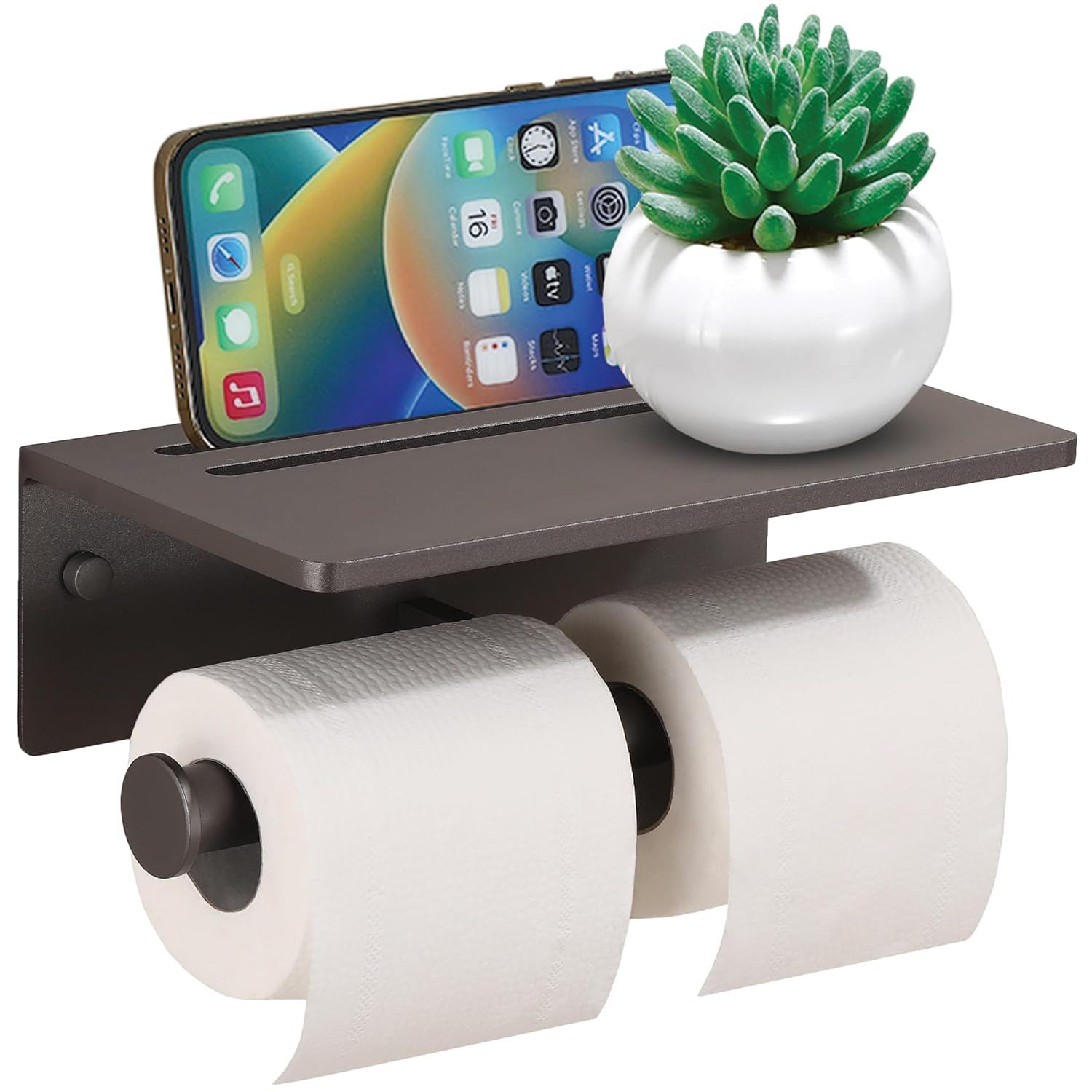 Toilet Paper Holder with Shelf, Black Anti-Rust Aluminum Tissue Roll Holder with Mobile Phone Storage Shelf for Bathroom, 3M Self Adhesive No Drilling or Wall Mounted with Screws