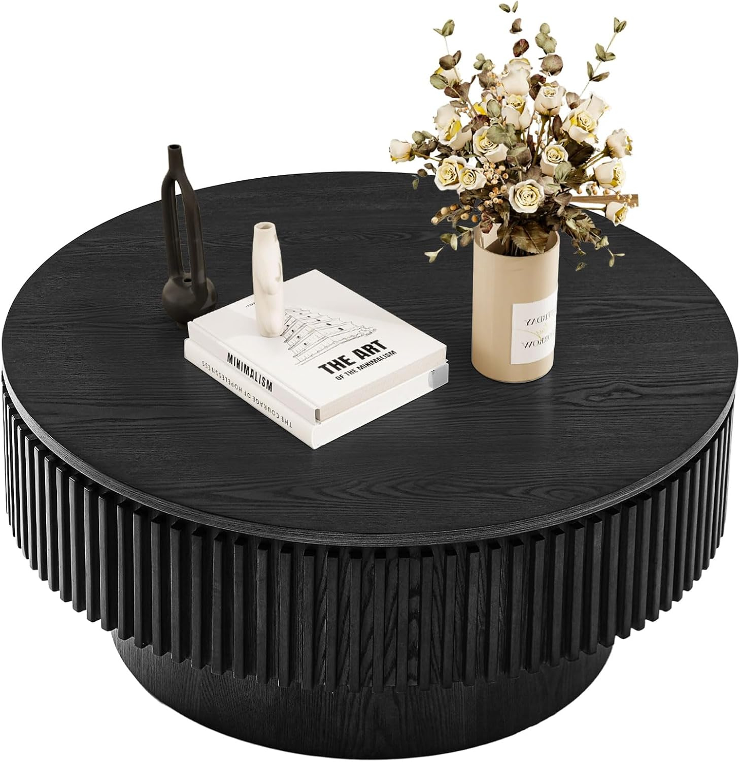 Round Coffee Table with Storage, Modern Wooden Coffee Table with Solid Wood Veneered, 31.5" Small Circle Center Table,Tea Table for Living Room,Home Small Space,Black
