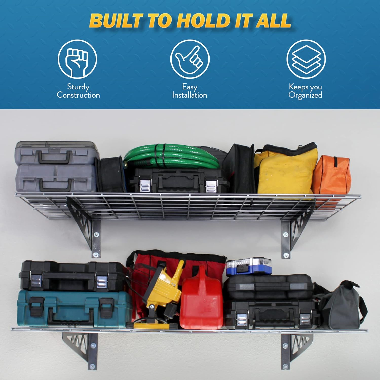 MonsterRax Garage Wall Shelf Two-Pack White or Hammertone Three Size Options Includes Bike Hooks 500lb Weight Capacity (Hammertone, 18"x48")