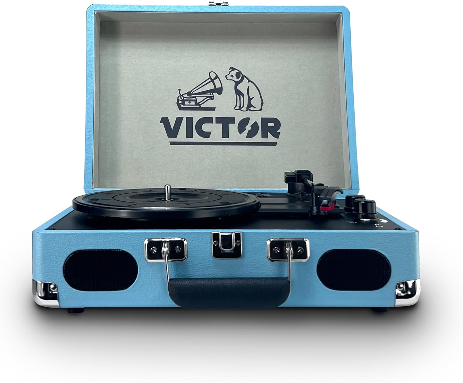 Victor Metro Plus Battery-Powered Bluetooth Suitcase Turntable | 3-Speed Vinyl Record Player with Built-in Stereo Speakers, Rechargeable Battery, RCA Output, Aux Input, and 45 RPM Adaptor, VSRP-850B