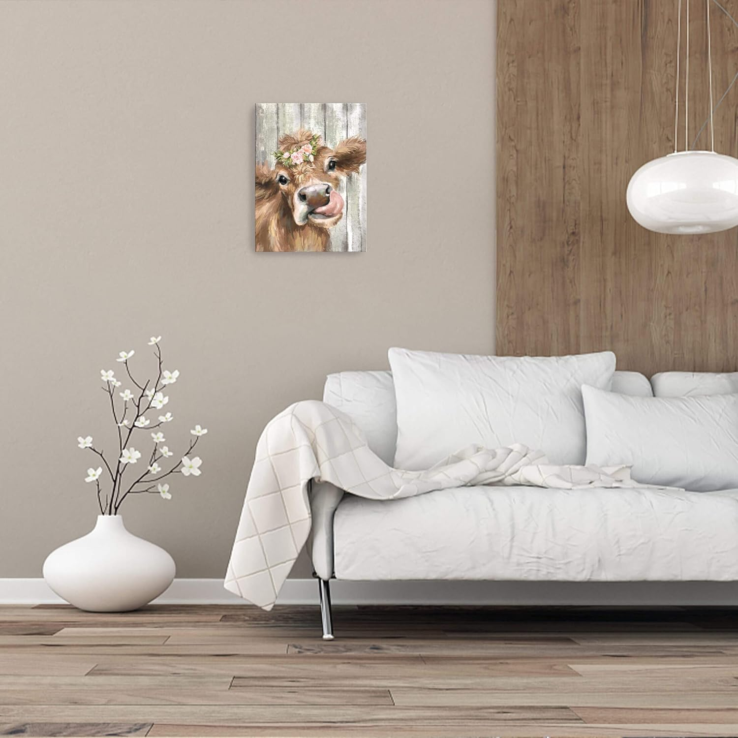 Country Bathroom Cow Canvas Wall Art Farmhouse Animal Pictures Wall Decor for Bedroom Framed Modern Artwork for Office Rustic Retro Home Decoration