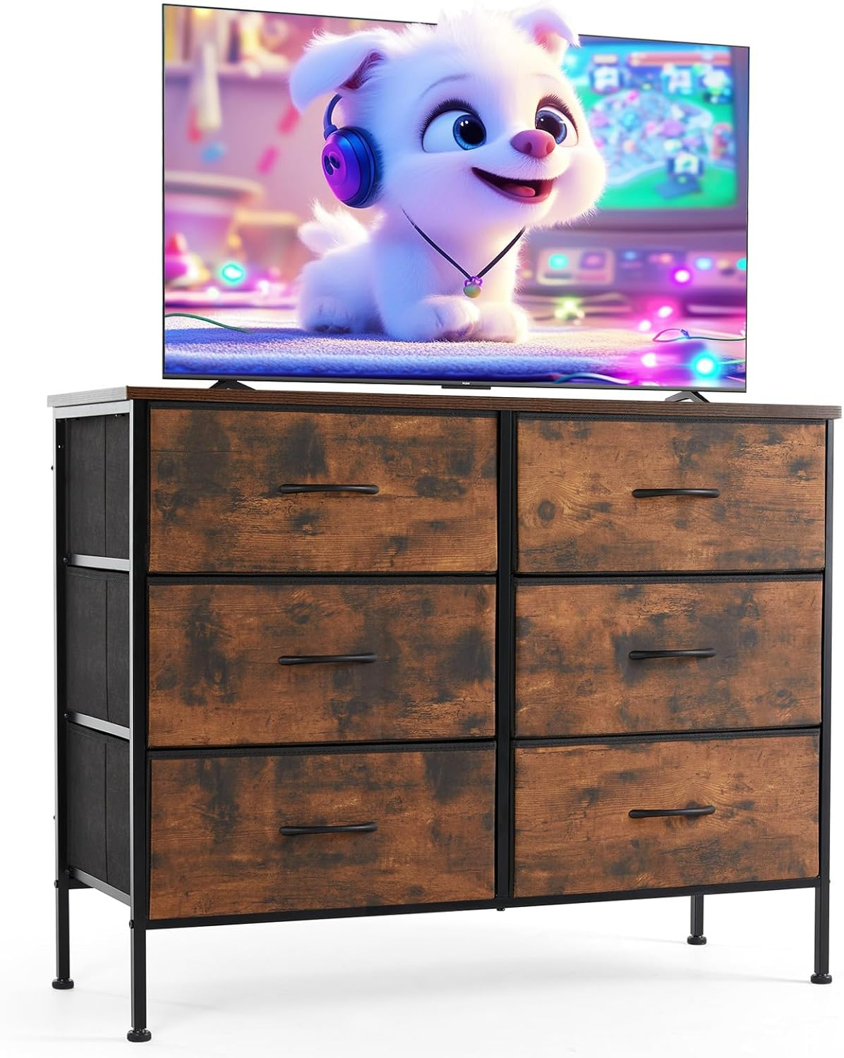 Sweetcrispy 6 Drawer Dresser for Bedroom, Fabric Chest of Drawers Dressers, Storage Tower Unit with Fabric Bins, Bedroom Dresser for Closet, Living Room, Hallway, Wood Top, Steel Frame, Brown