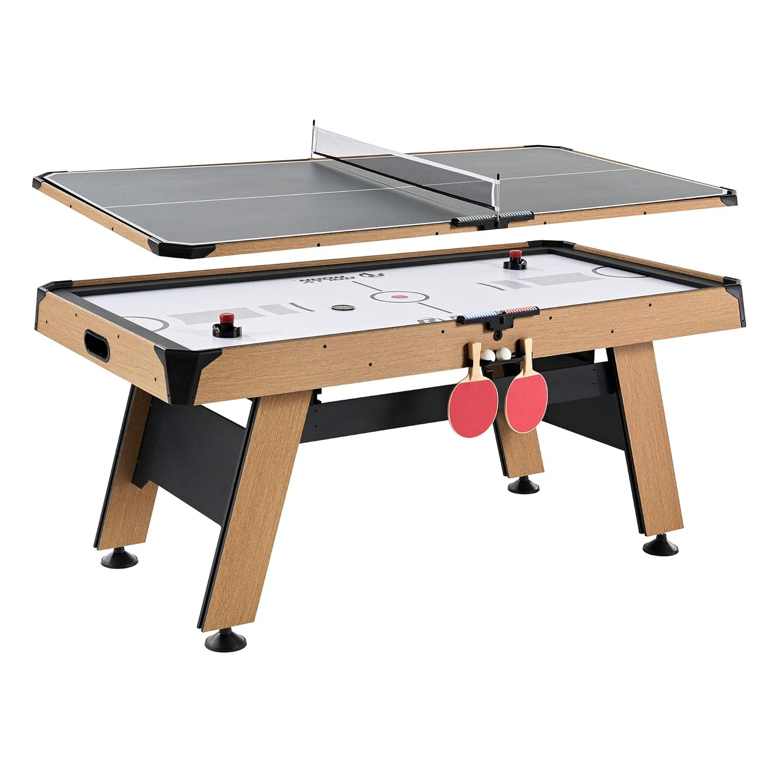 72-Inch Oak and Black Air Hockey Table with LED Scorer and Table Tennis Top