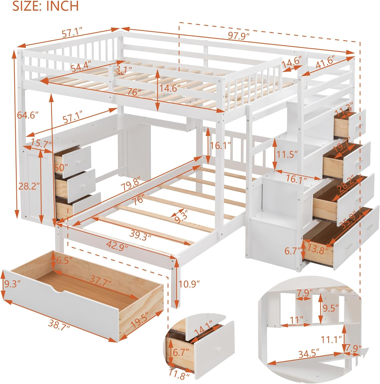 Harper & Bright Designs Full Over Twin Bunk Bed with Stairs, Storage Drawers, Full Size Loft Bed Frame with Desk and Shelves, White