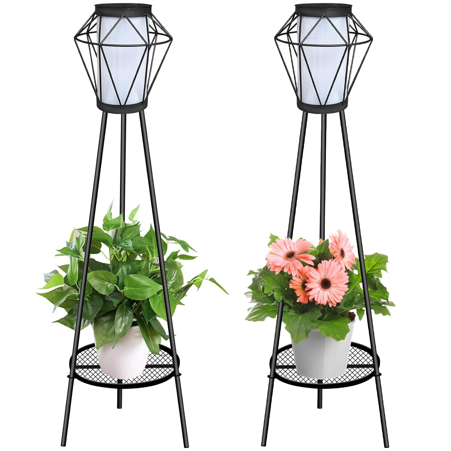 TOOTOO STAR Solar Floor Lamp 2 Piece Set, 35.5" High Solar Outdoor Lights with Plant Holder for Garden Patio Deck Porch Patio Decorative Lighting