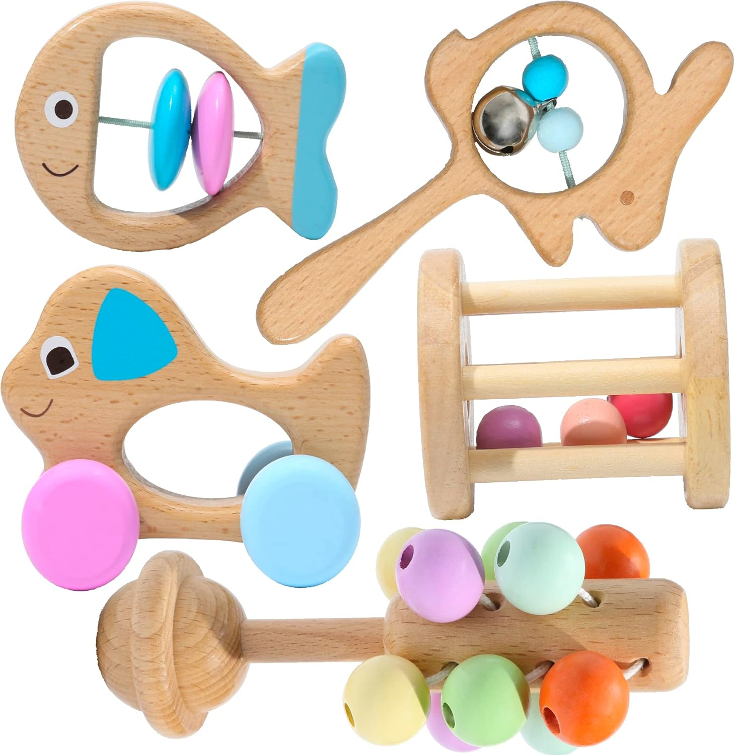 Montessori Mama Wooden Toys for Babies 5-Piece Collection - Multi-Sensory Learning Rattle for Babies - Infant Wooden Toy Set Baby Weights Toys - Teether