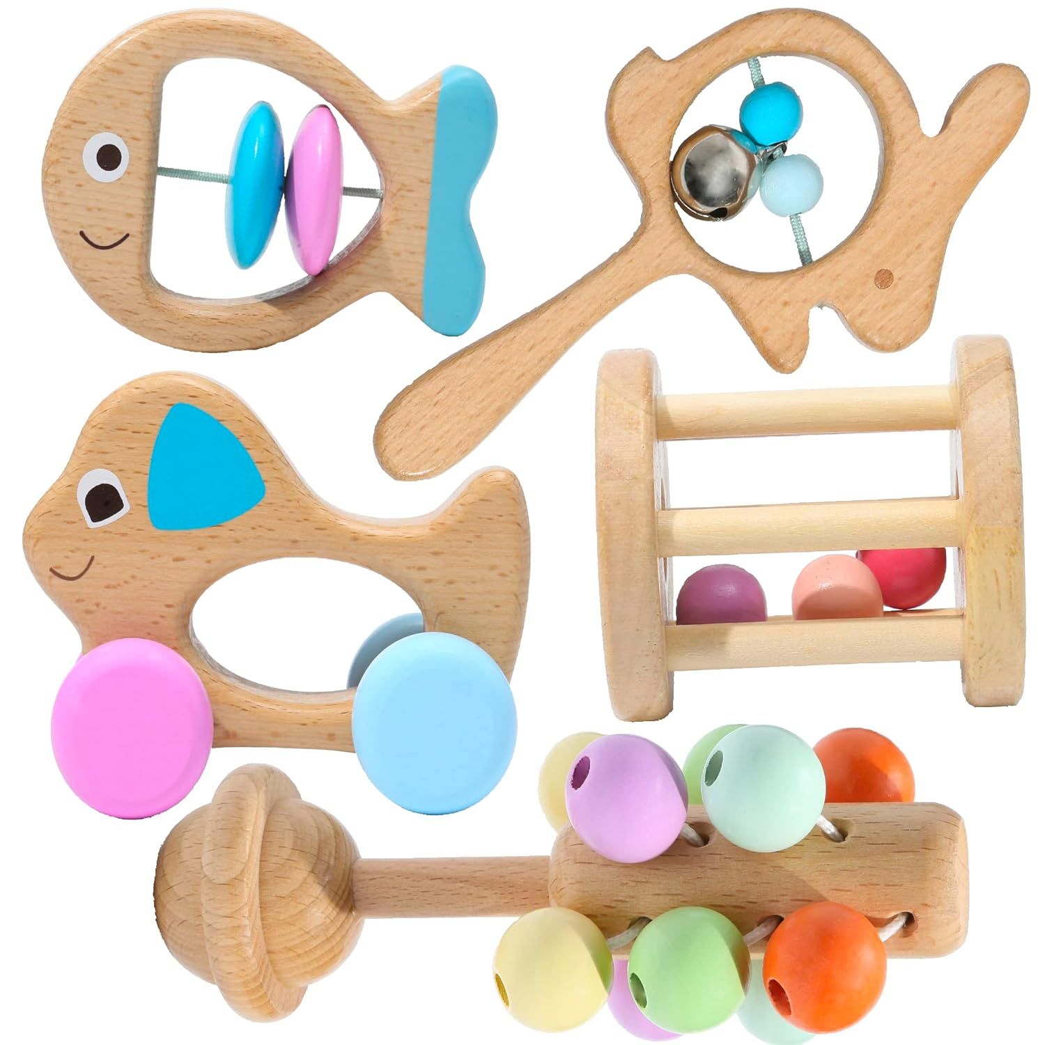 Montessori Mama Wooden Toys for Babies 5-Piece Collection - Multi-Sensory Learning Rattle for Babies - Infant Wooden Toy Set Baby Weights Toys - Teether