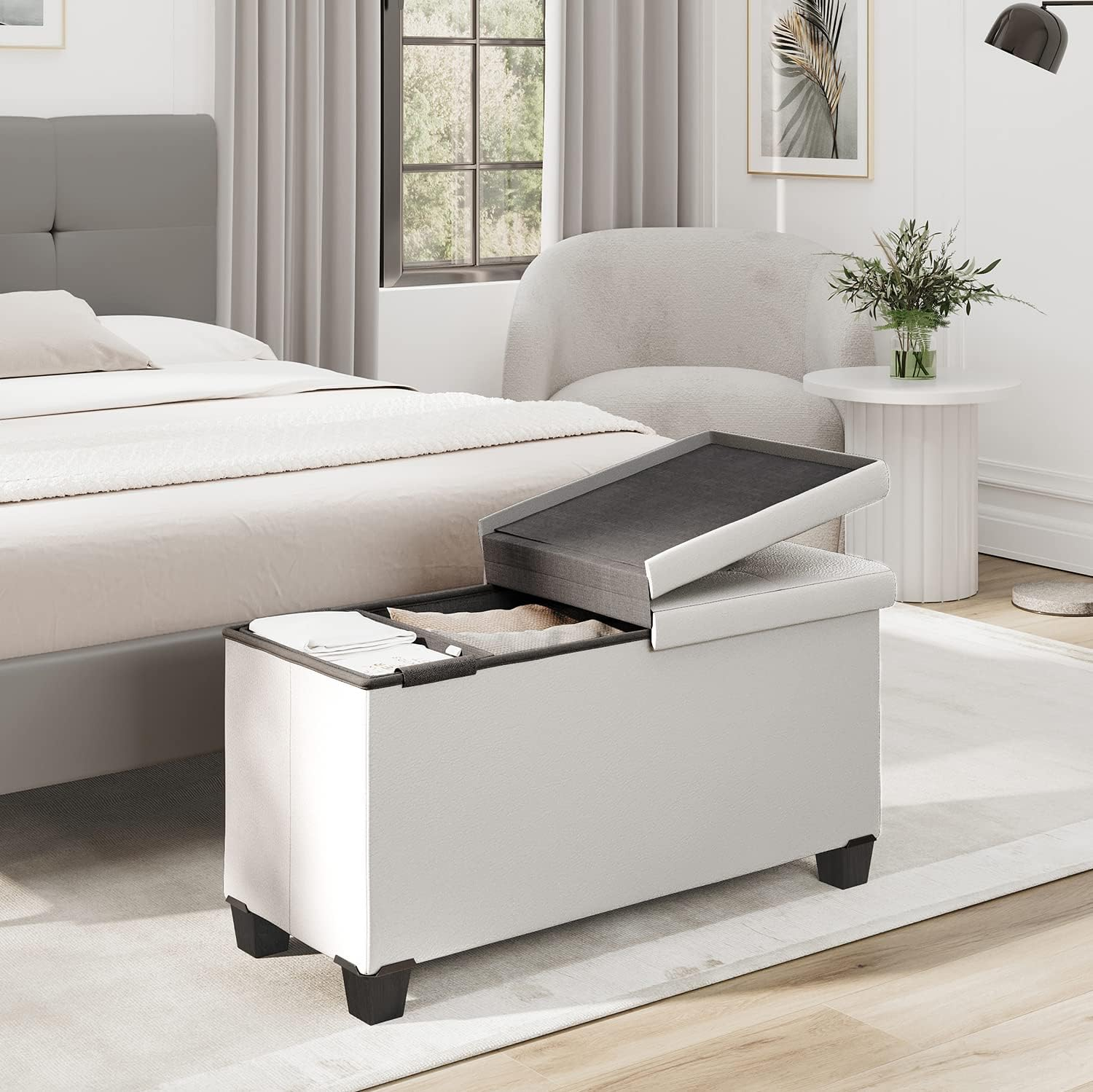 Storage Ottoman Bench with Storage Bins, 30-In Storage Bench for Bedroom End of Bed, Folding Foot Rest Ottoman with Storage for Living Room, Storage Chest Max 660lbs, Faux Leather Ottoman, White