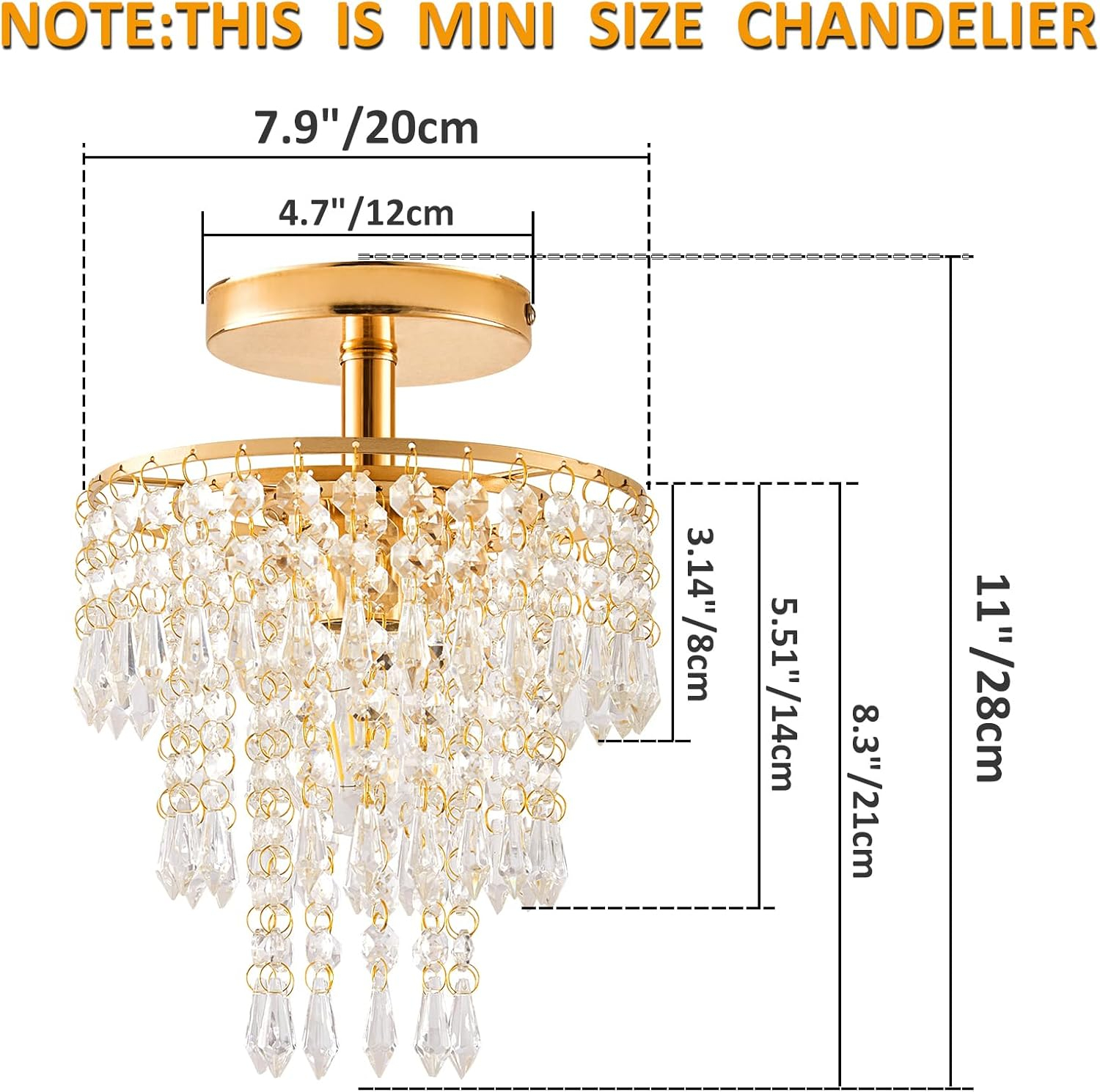 Modern Mini Crystal Chandelier, 3-Tier Raindrops Design Small Chandelier Light Fixture, Flush Mount Ceiling Light Fixture for Bedroom, Hallway, Living Room - E26 Base, Chandelier for Bedroom (Gold)