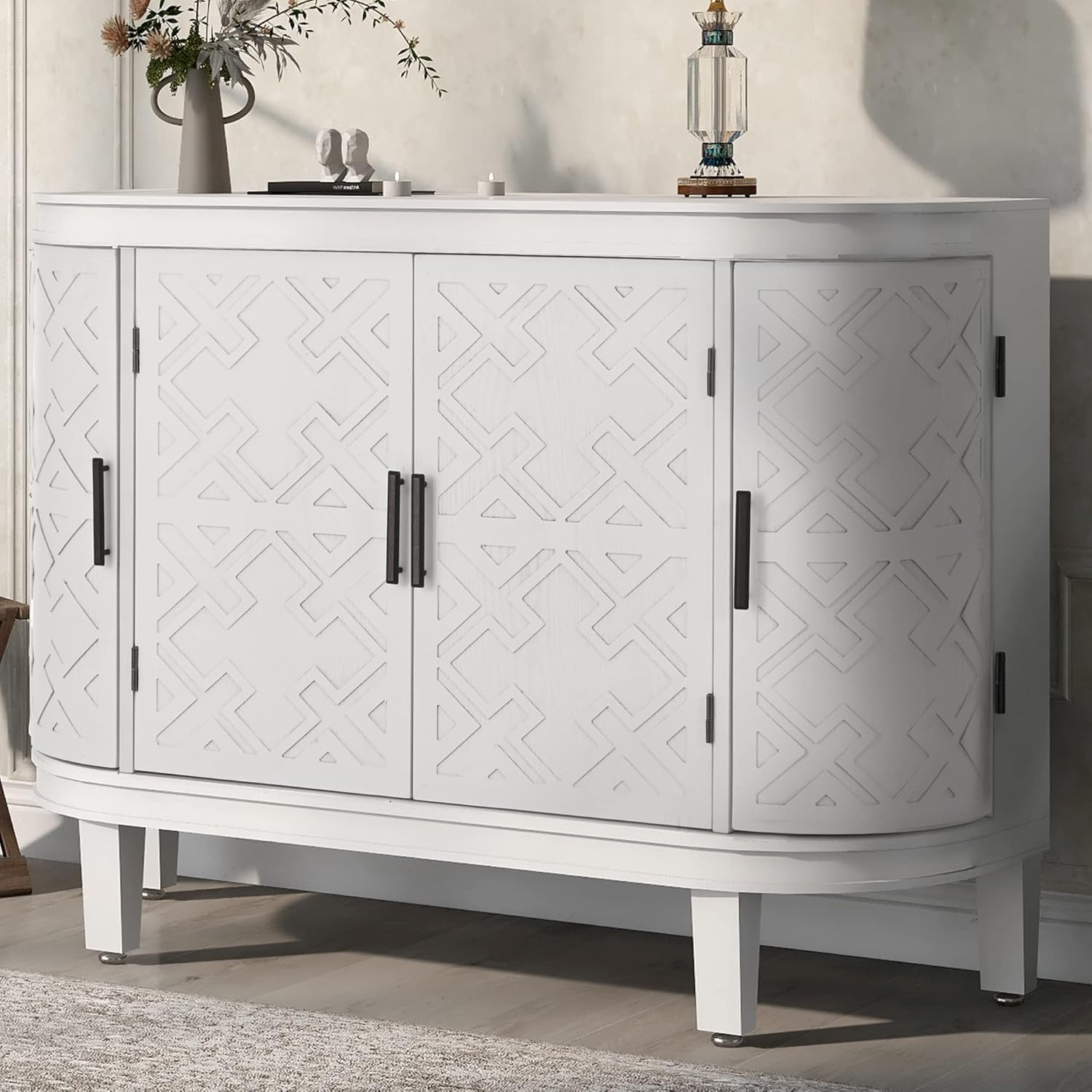 Amposei Vintage Curved Sideboard Buffet 47.2-Inch Accent Storage Cabinet Wooden Console Table Coffee Bar Cabinet with 4 Doors and Interior Shelves for Living Room Entryway (White)