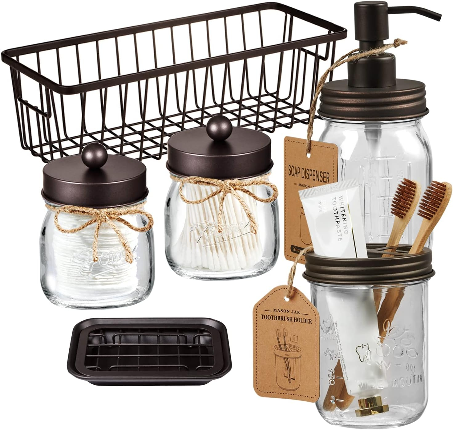 Premium Mason Jar Bathroom Accessories Set (6PCS) - Lotion Soap Dispenser,Toothbrush Holder,2 Apothecary Jars(Qtip Holder), Soap Dish,Storage Organizer Basket - Rustic Farmhouse Decor (Bronze)