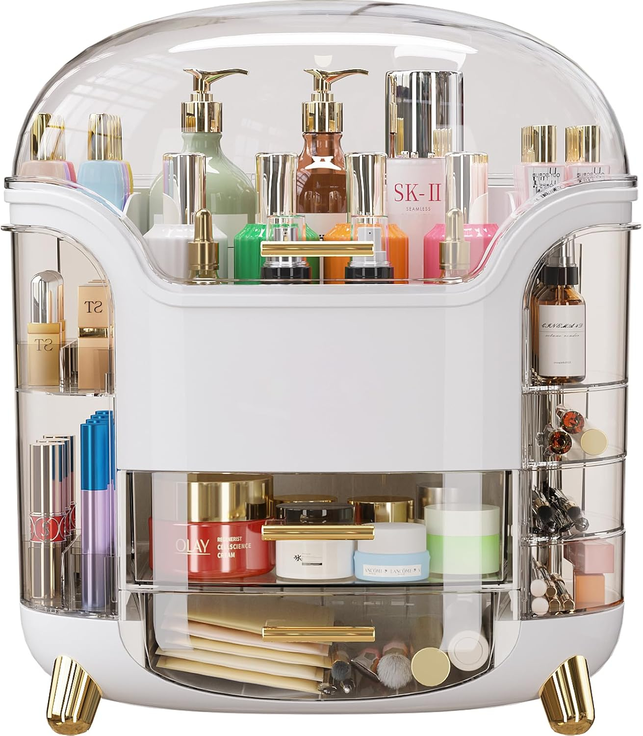 Makeup bag Storage Box, Countertop Portable Vanity Cosmetics MAKE UP bathroom organizers and Storage, Cosmetics Organizer Box for Countertop & Drawers, Skincare Organizers Box by KME (White 360)