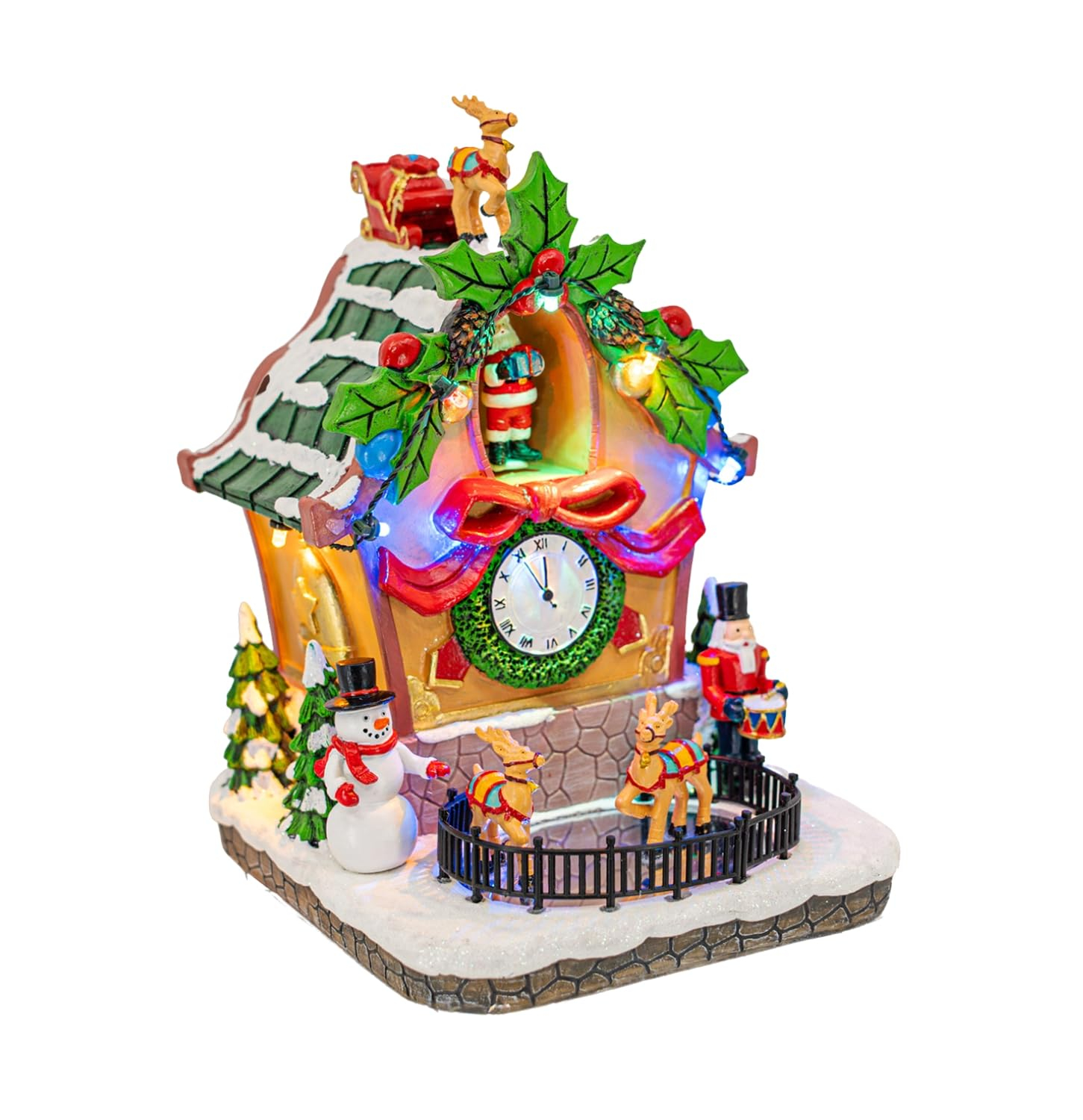 FG Square Holiday Cuckoo Clock Santa Reindeer LED Lighted Animated Christmas Village with Sound and Motion 6" x 6" x 8"