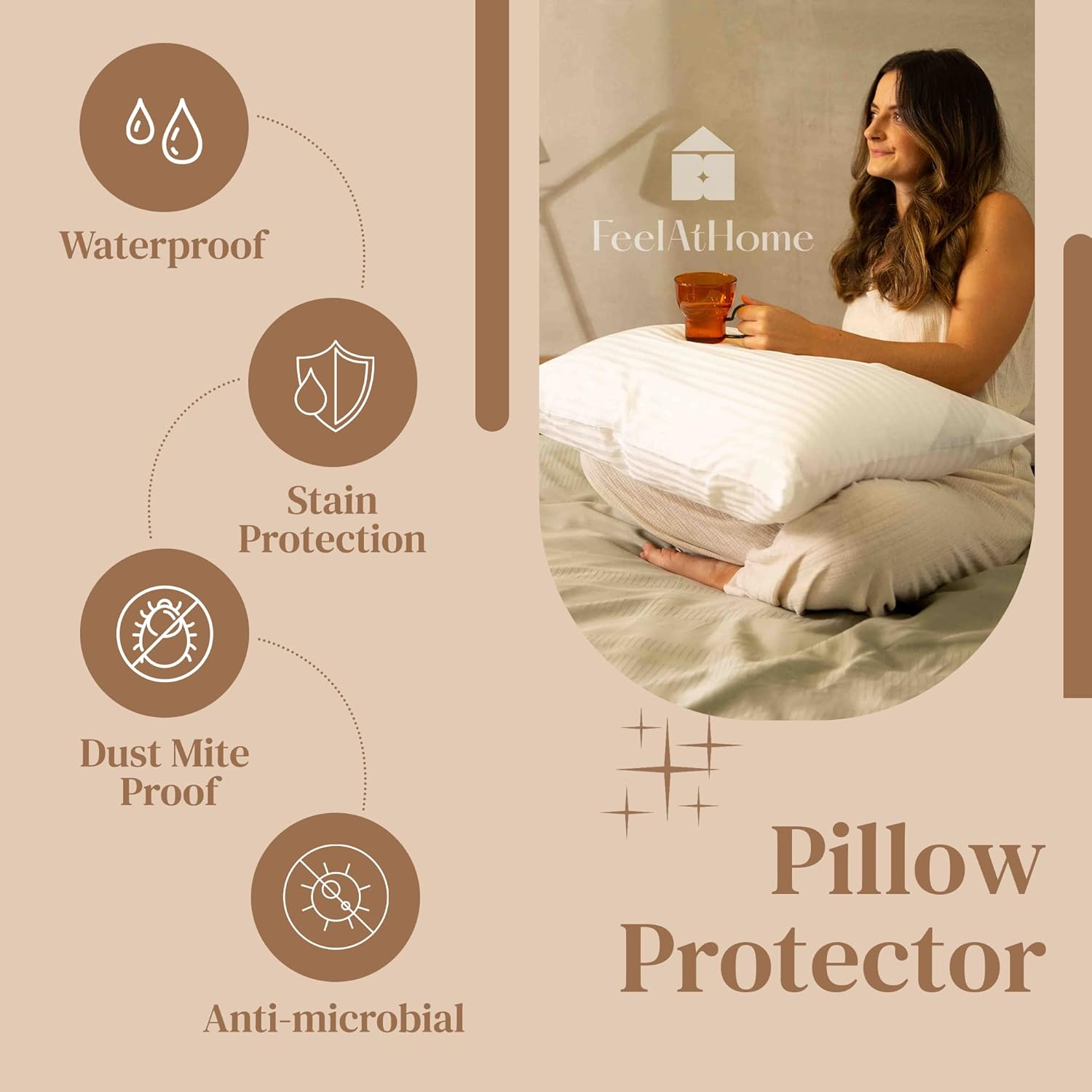 FeelAtHome Pillow Protector Zippered Pillow Covers for Comfort & Protection, Queen, White, 4 pk
