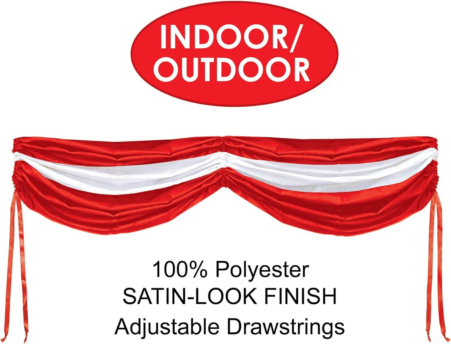 Beistle Red & White Fabric Bunting – Decoration with Drawstrings for Indoor Outdoor Use, Patriotic Porch Fence or Table Drape for Circus, Carnival, and Home Décor, 5' 10"