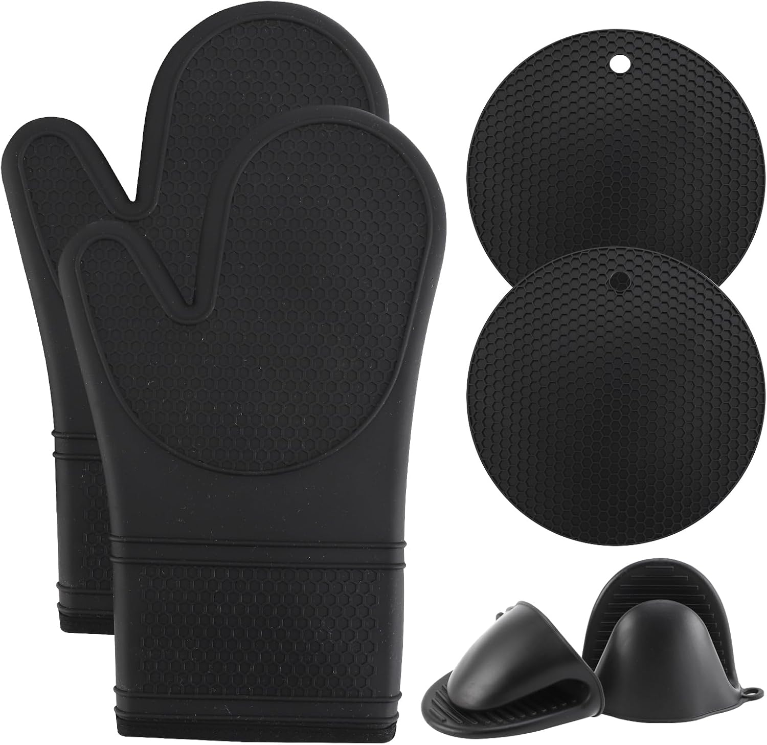 COOK WITH COLOR Silicone Oven Mitts- Heat Resistant Gloves with Soft Quilted Lining Oven Mitt Pot Holders for Cooking and BBQ, Black, Mitt Set