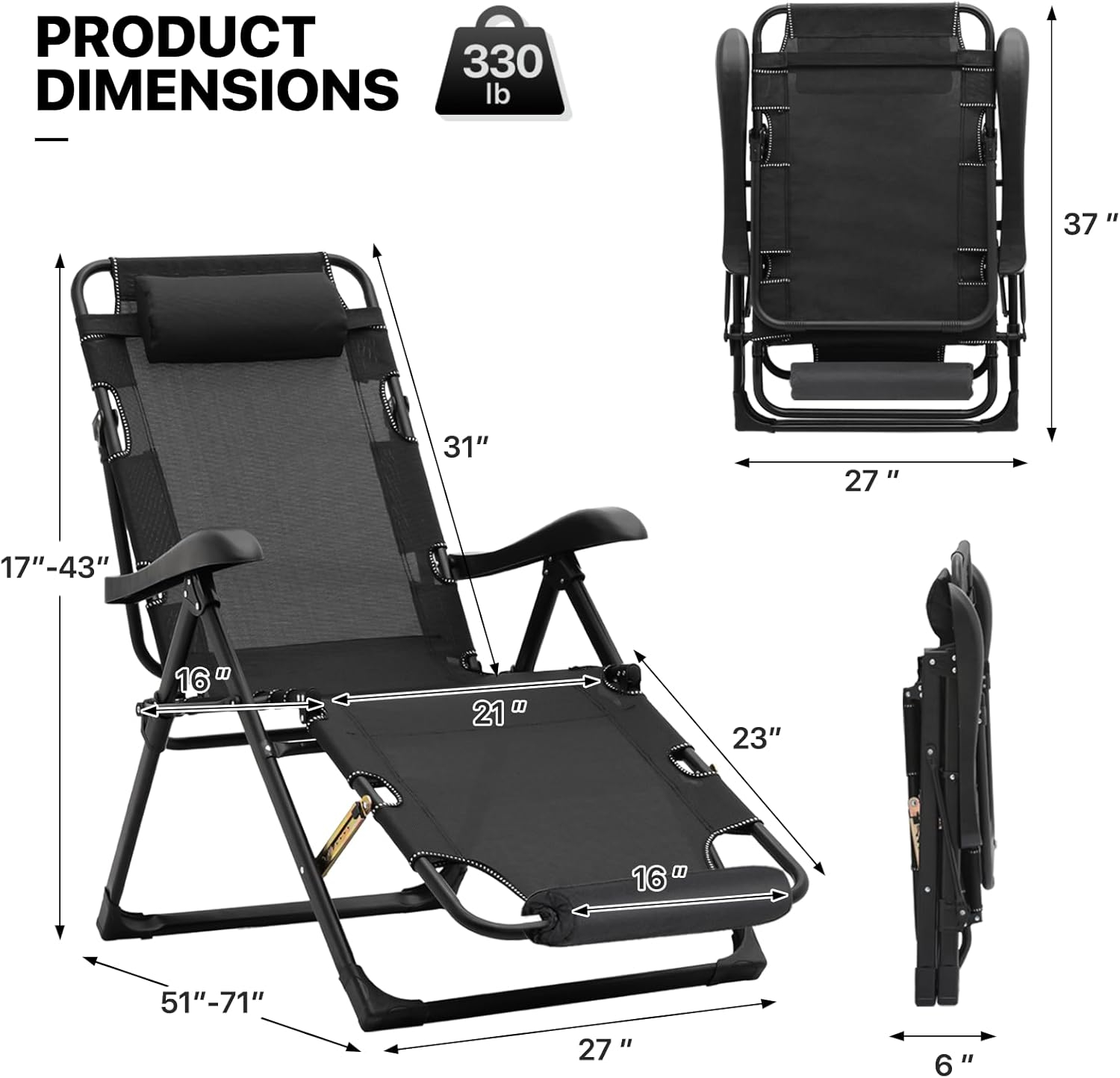MoNiBloom Patio Lounge Chair with Adjustable Headrest & Foot Pads, Outdoor Folding Reclining Beach Lawn Lounger, Black