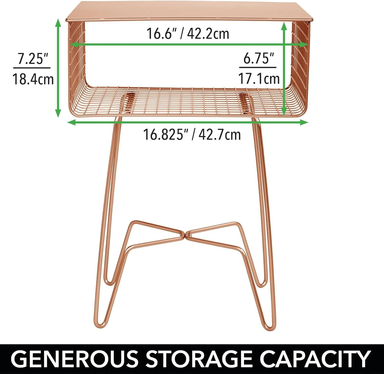 mDesign Steel Side Table Nightstand with Storage Shelf Basket for Bedroom, Living Room, Home Office; Rustic Bedside End Table, Industrial Modern Accent Furniture - Concerto Collection - Rose Gold