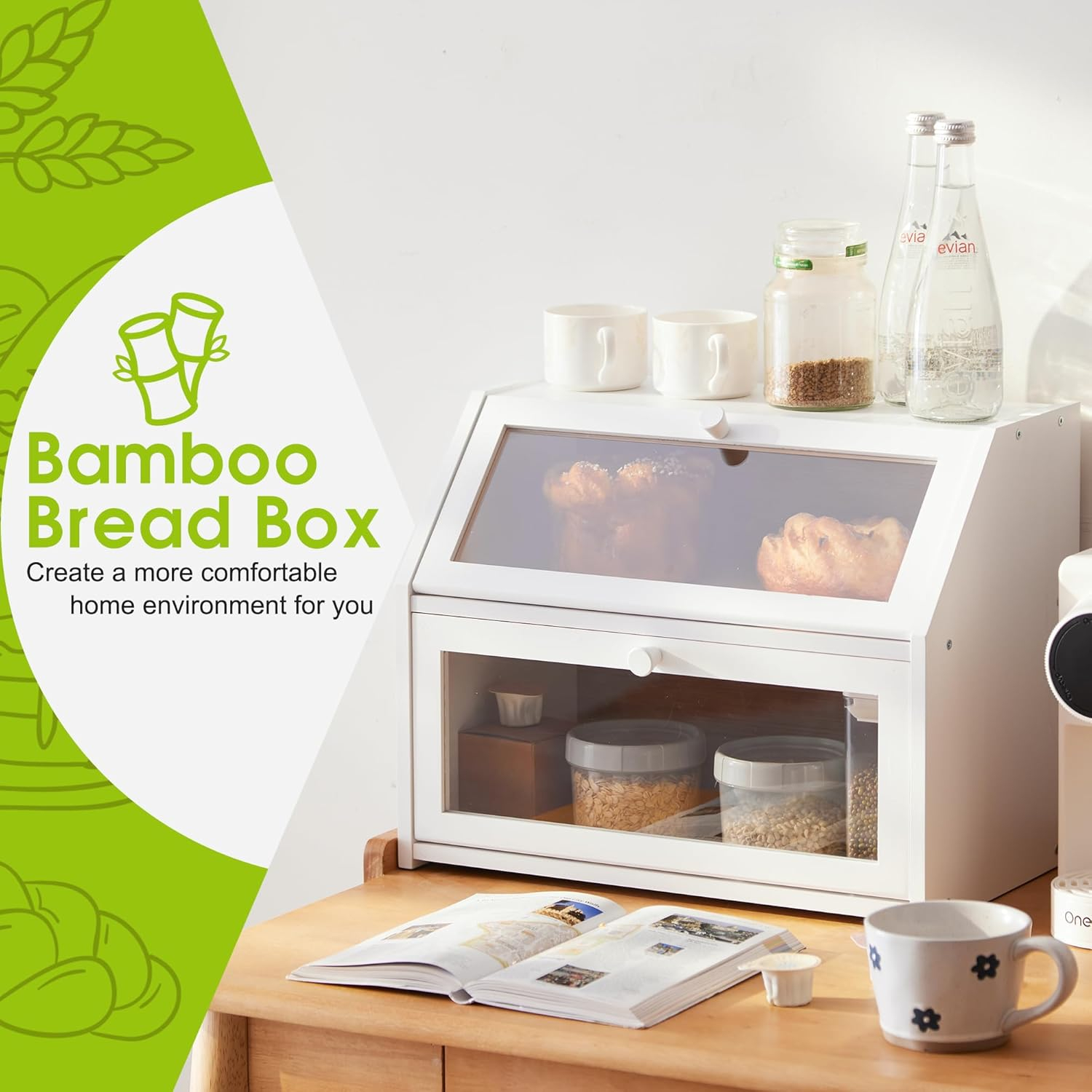 Farmhouse Bread Box for Kitchen Countertop Bread box Double Layer Bamboo Wooden Extra Large Capacity Bin Kitchen Food Storage Container(White)