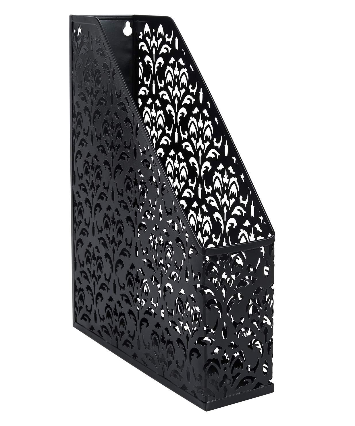 EasyAPG Heavy Duty Metal Magazine File Holder - Carved Hollow Flower Pattern Design, No Assembly Desk Organizer for Legal Size Files, Home Office Storage Rack, Black