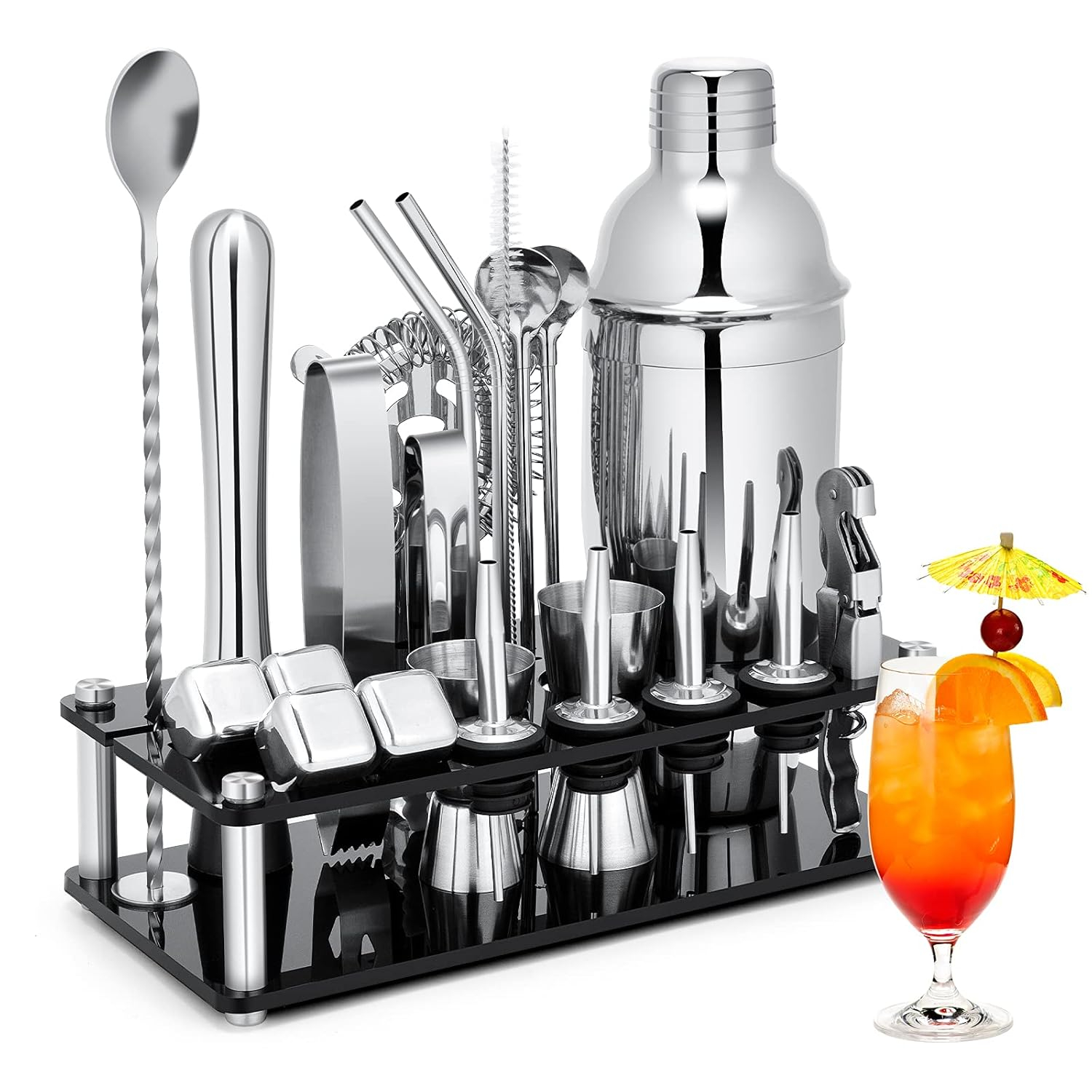JMDLWZ Cocktail Shaker Set, 23 Pieces 750ml Professional Stainless Steel Cocktail Shaker with Boston Shaker, Strainer, Measuring Cup, Mixing Spoon, Recipes, Great Gift Kit