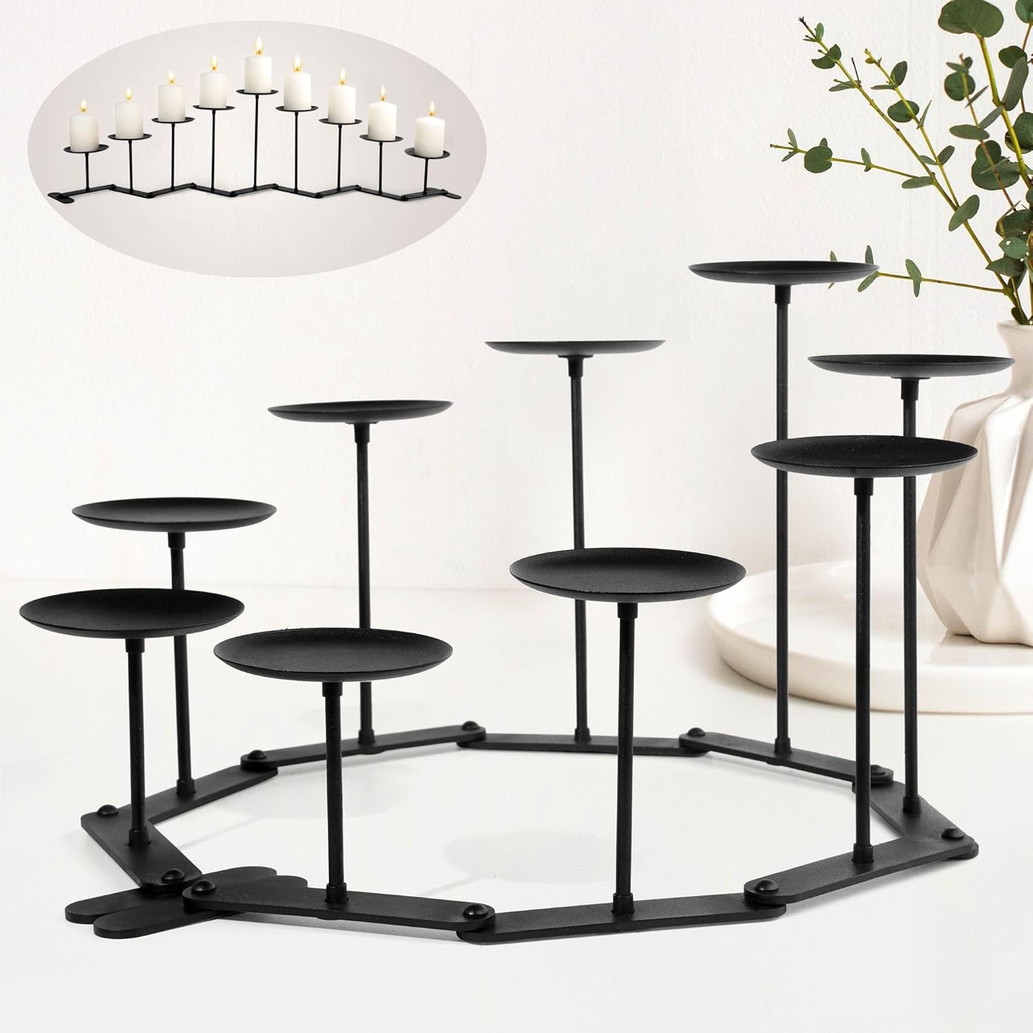 Candelabra 9 Candle Holder for Fireplace Decor Black Iron Pillar Candle Stand Table Centerpiece
